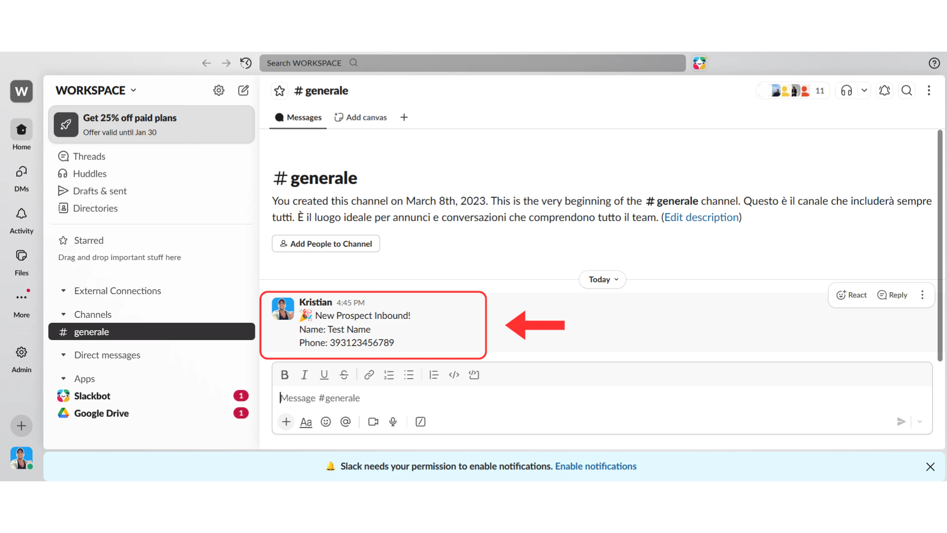 Slack channel with notification message