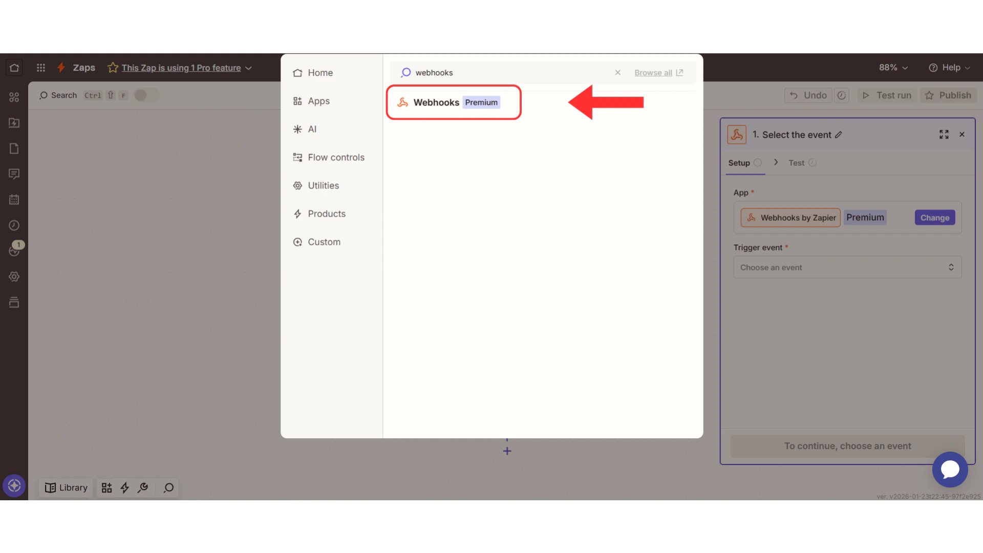 App search dropdown with Webhooks by Zapier highlighted