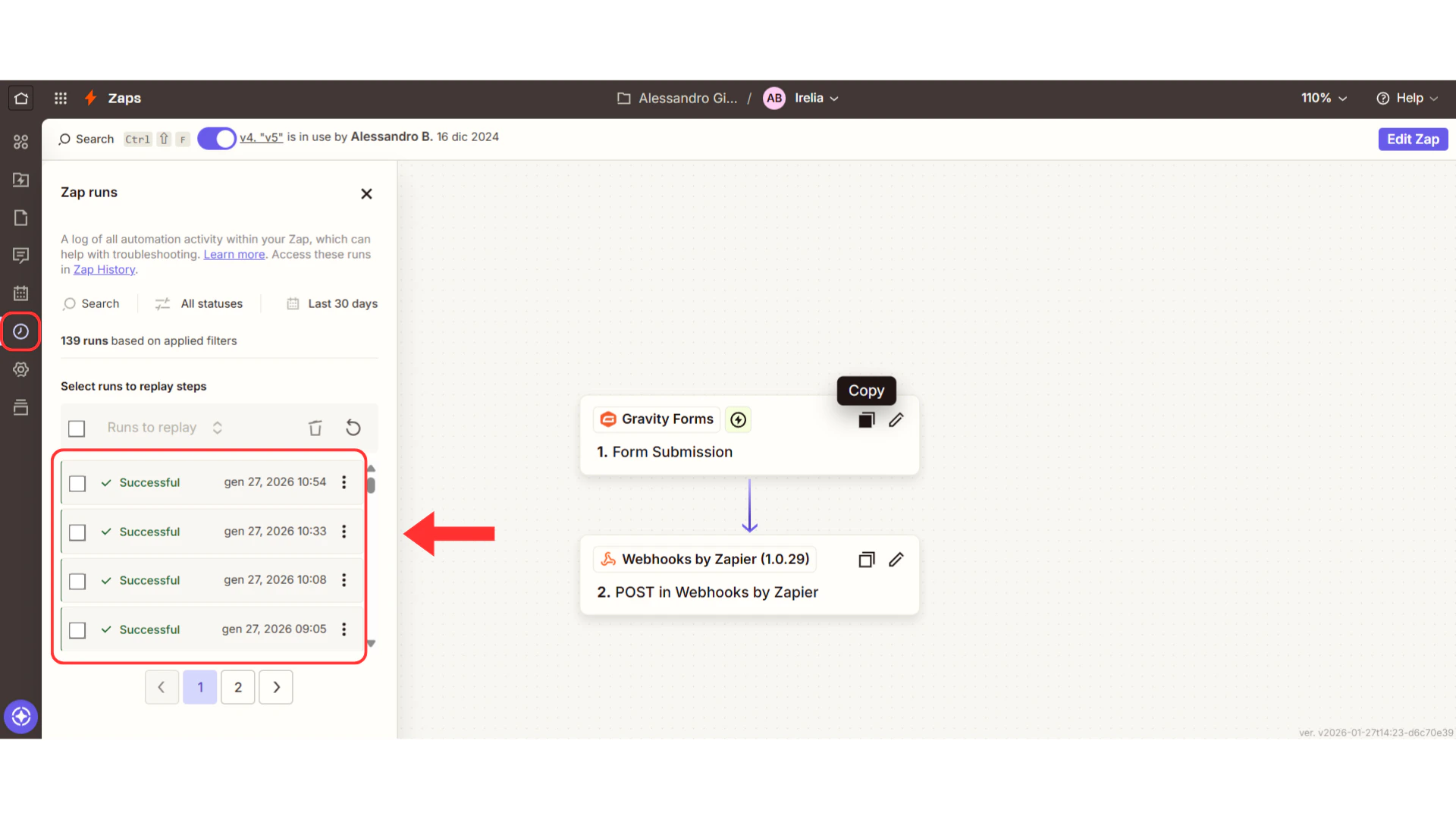 Zap History page with successful runs