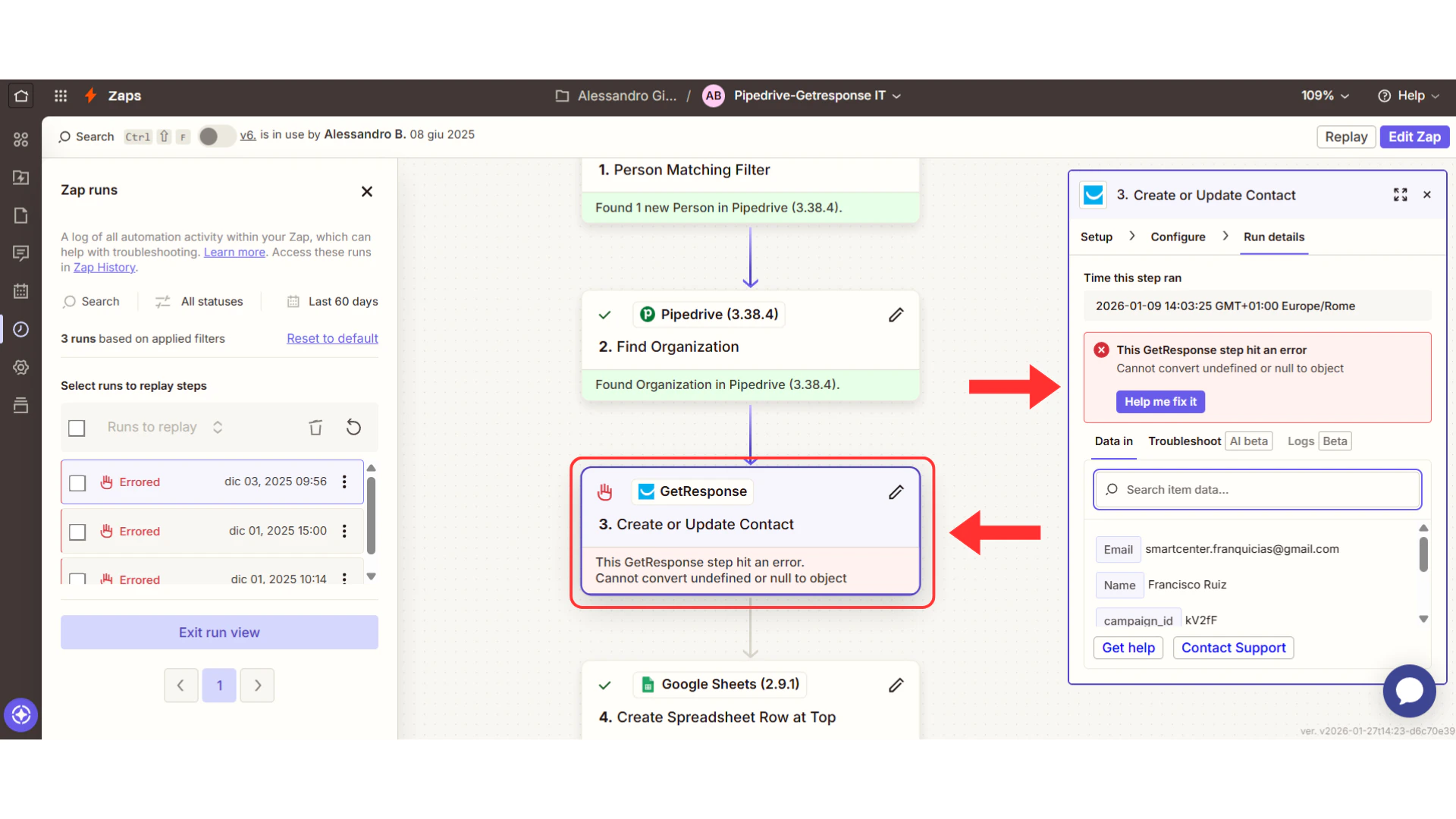 Zapier error message example