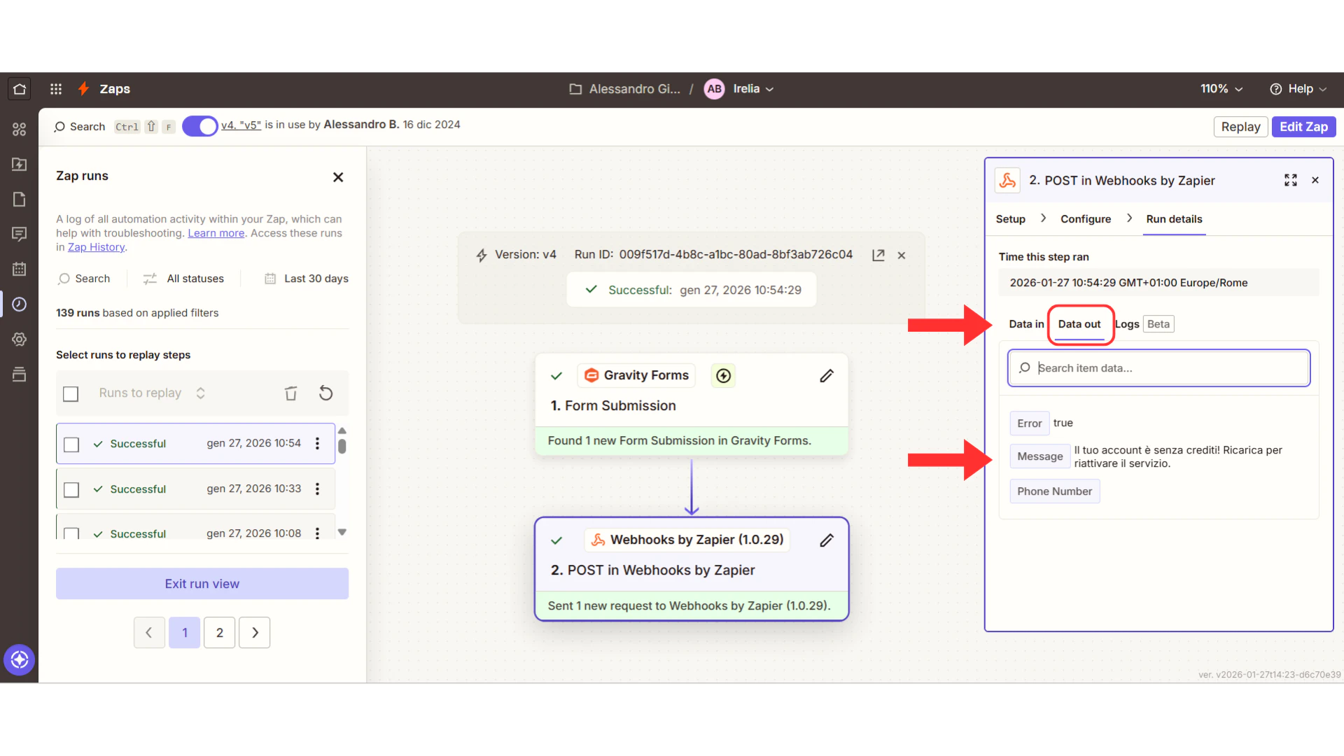 Zap History details with Data Out section
