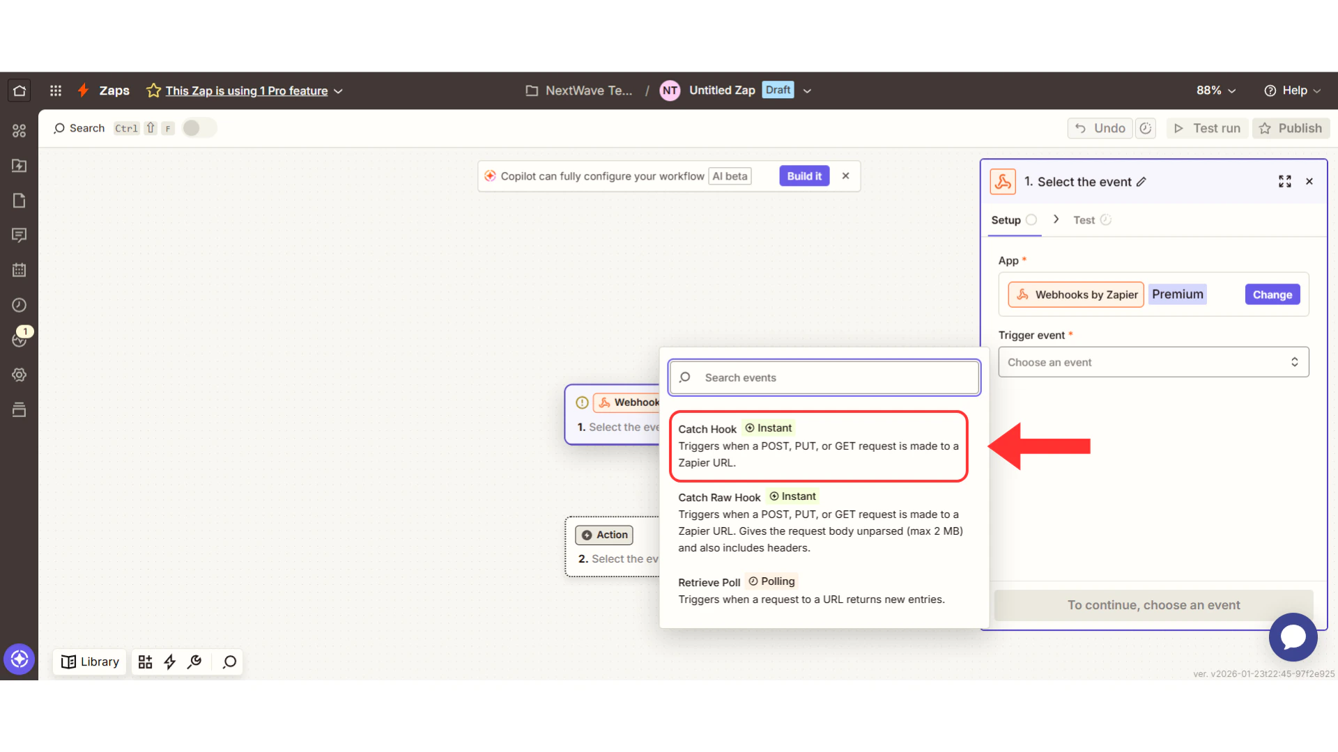 Event dropdown with Catch Hook selected
