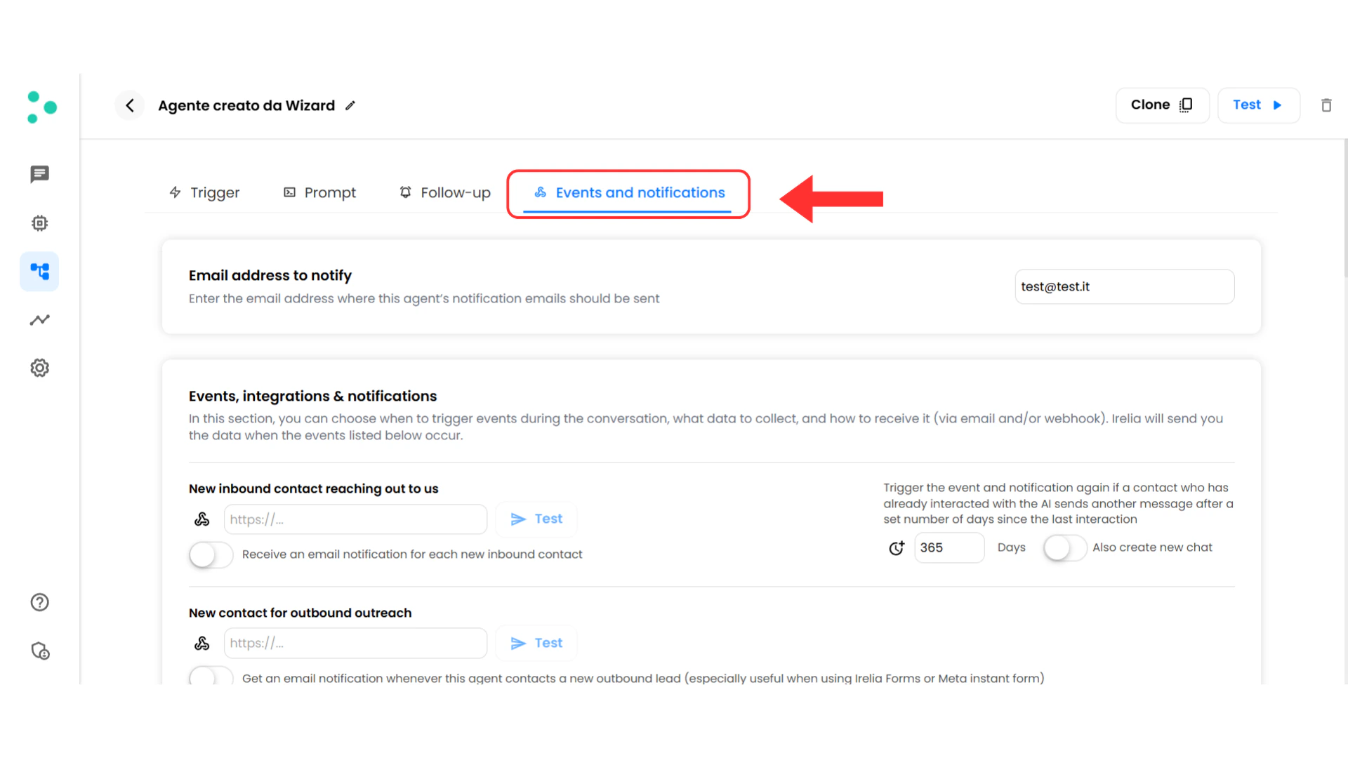 Navigation menu with Events and Notifications highlighted