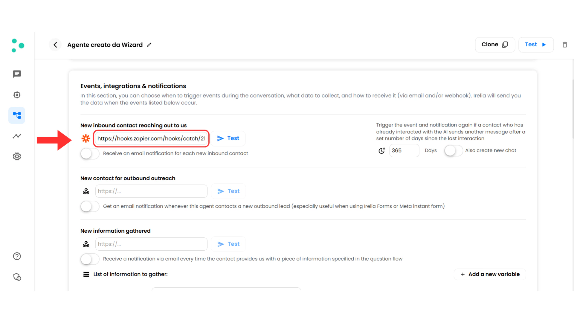 Event row with webhook URL pasted