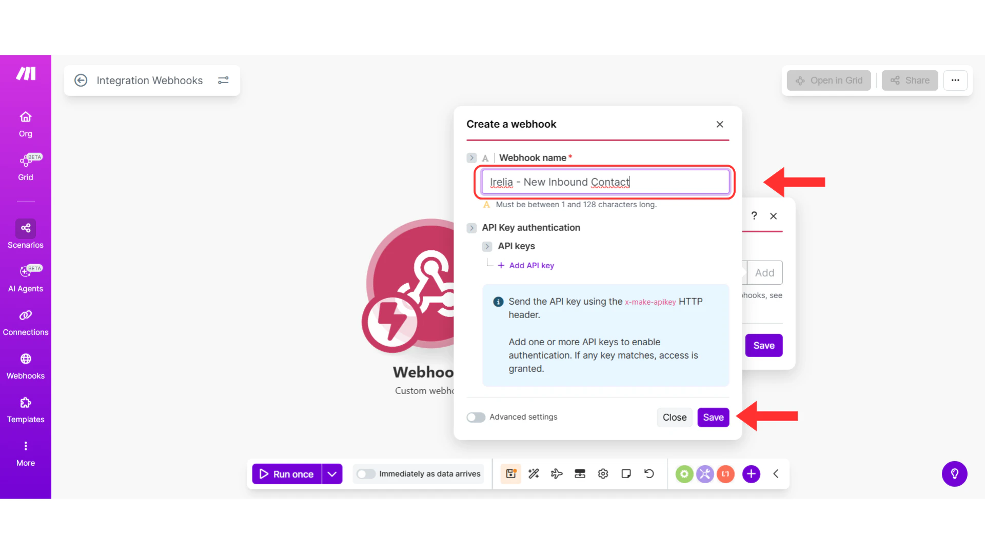 Webhook naming dialog