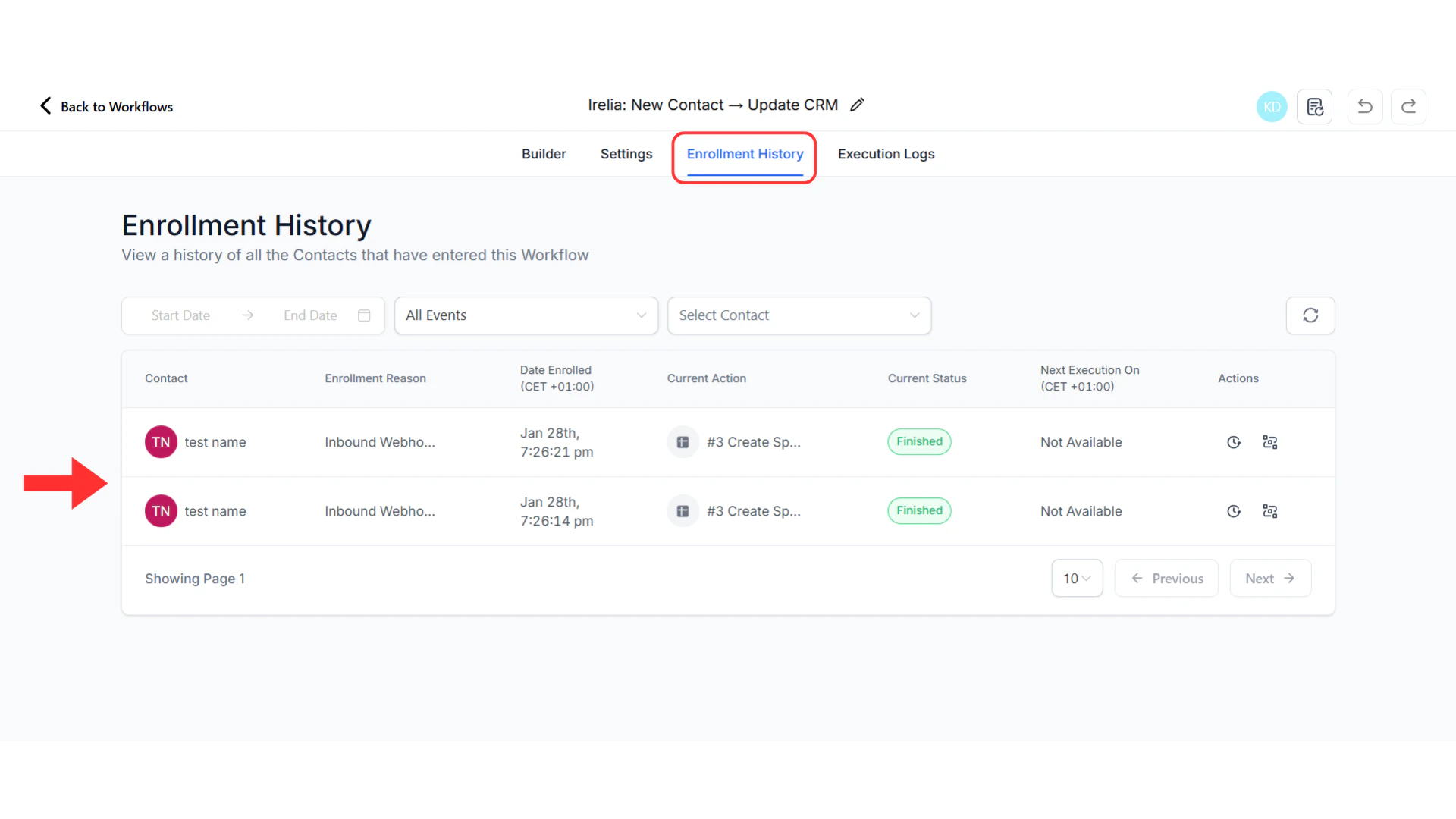 List of contacts with finish and error status