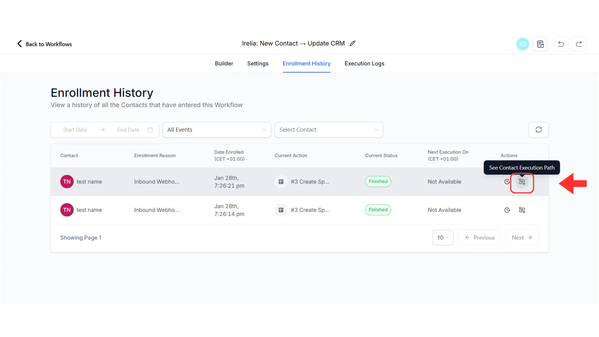 Execution History button and example logs