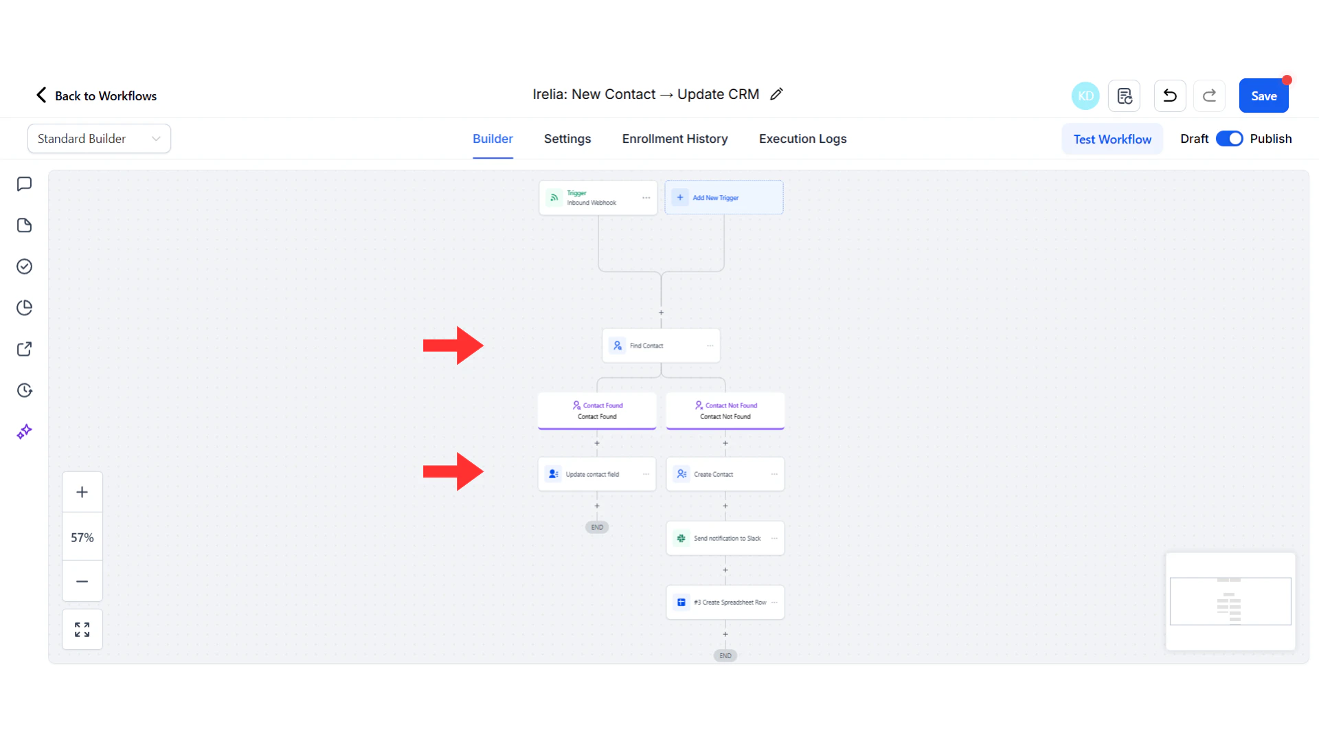 Search and Update workflow showing Find Contact and Update Opportunity