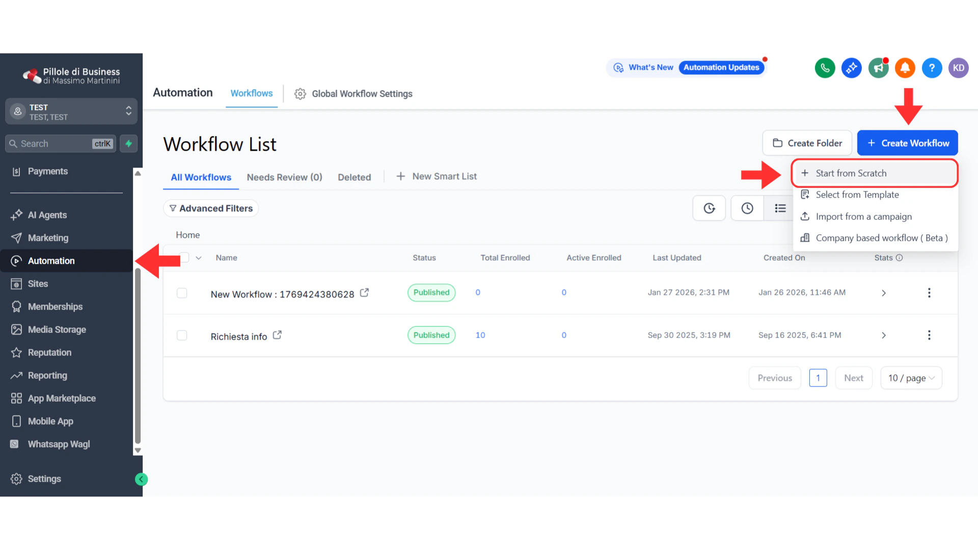 GHL sidebar showing Automation menu and Workflows submenu with Create Workflow button