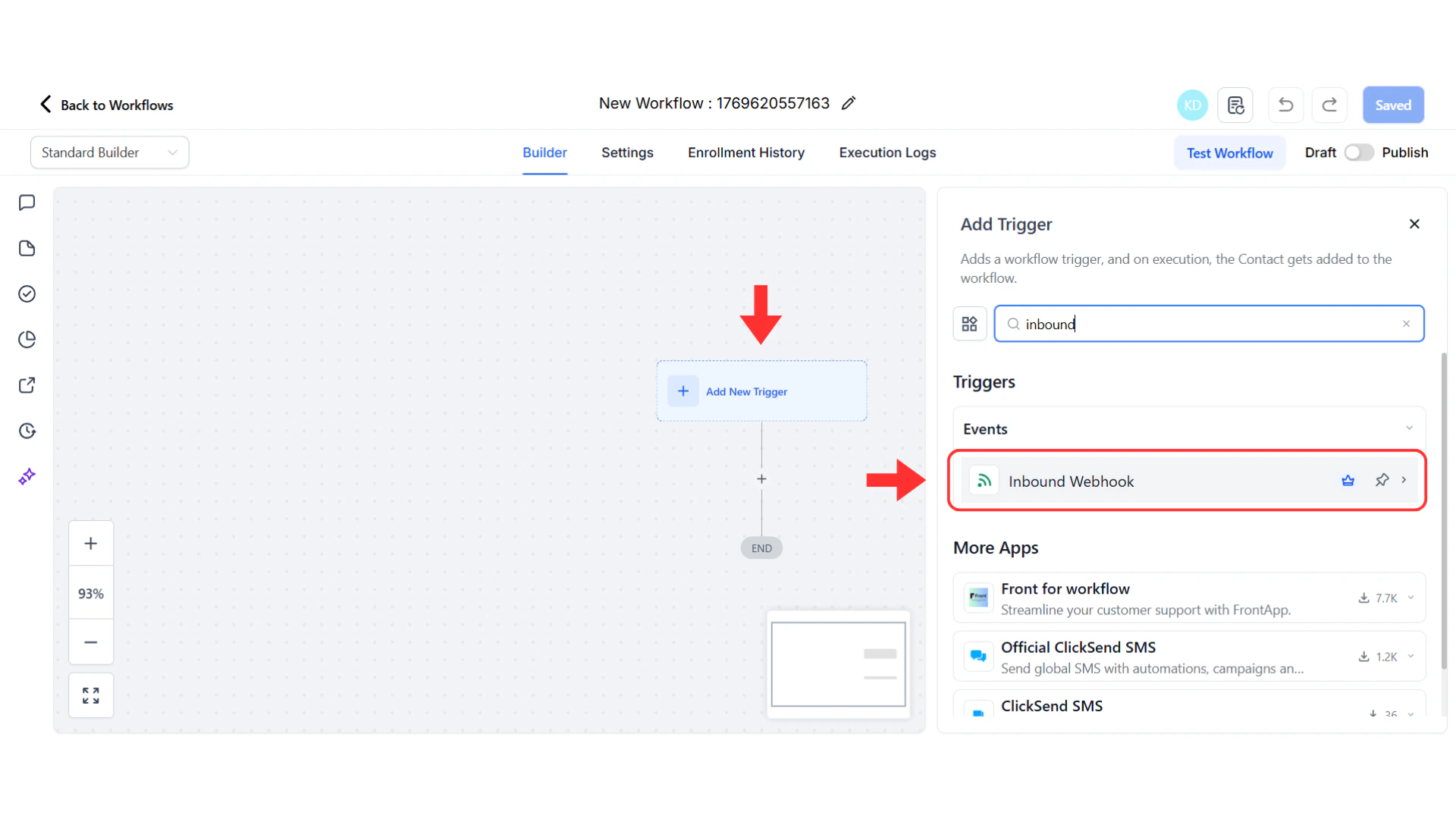 Trigger selection showing Inbound Webhook option highlighted