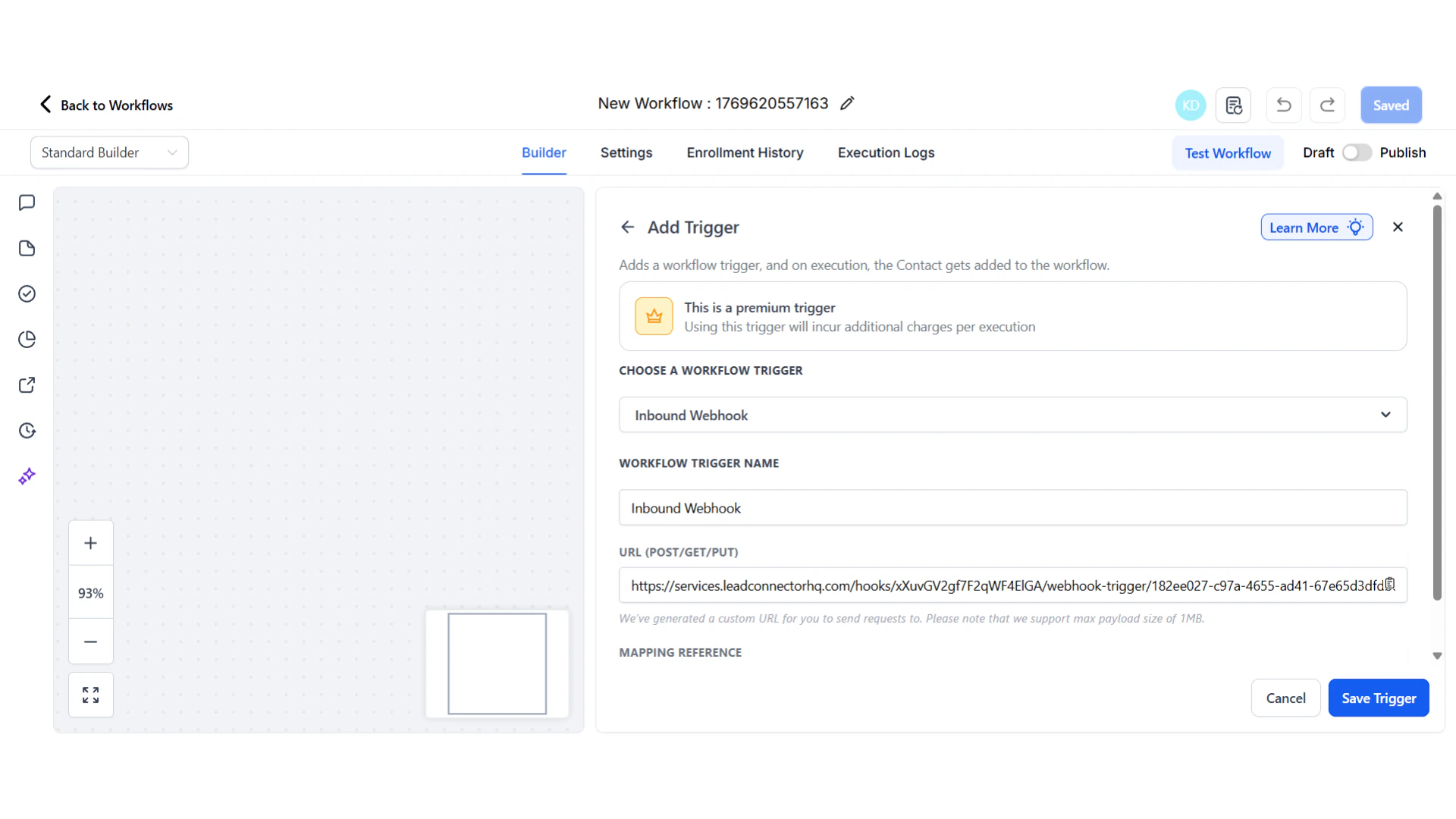 Go High Level tab showing webhook configuration panel