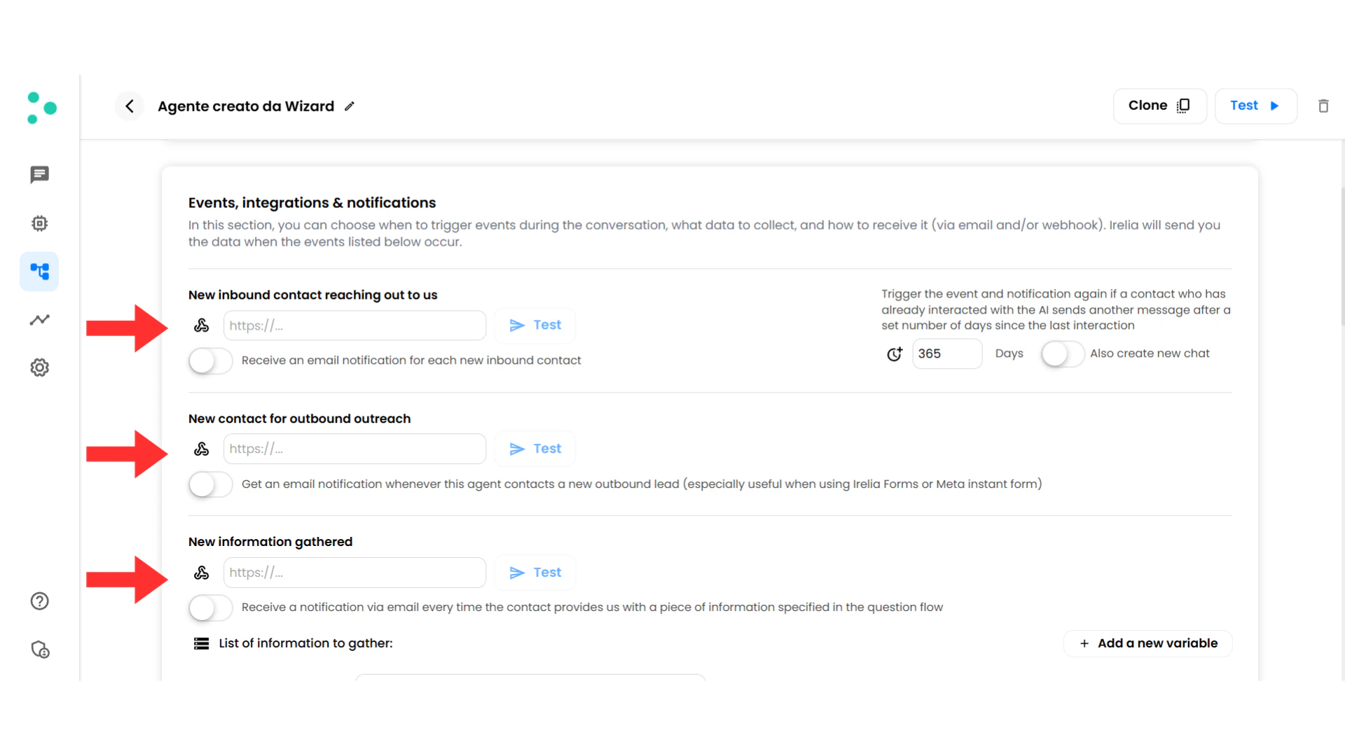 Events list in Irelia showing available event types