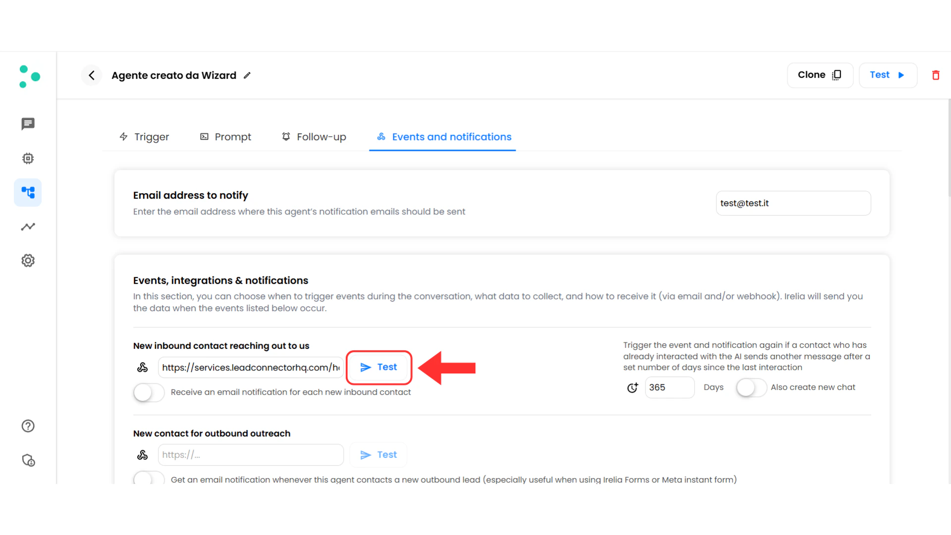 Event row showing webhook URL field and Test button