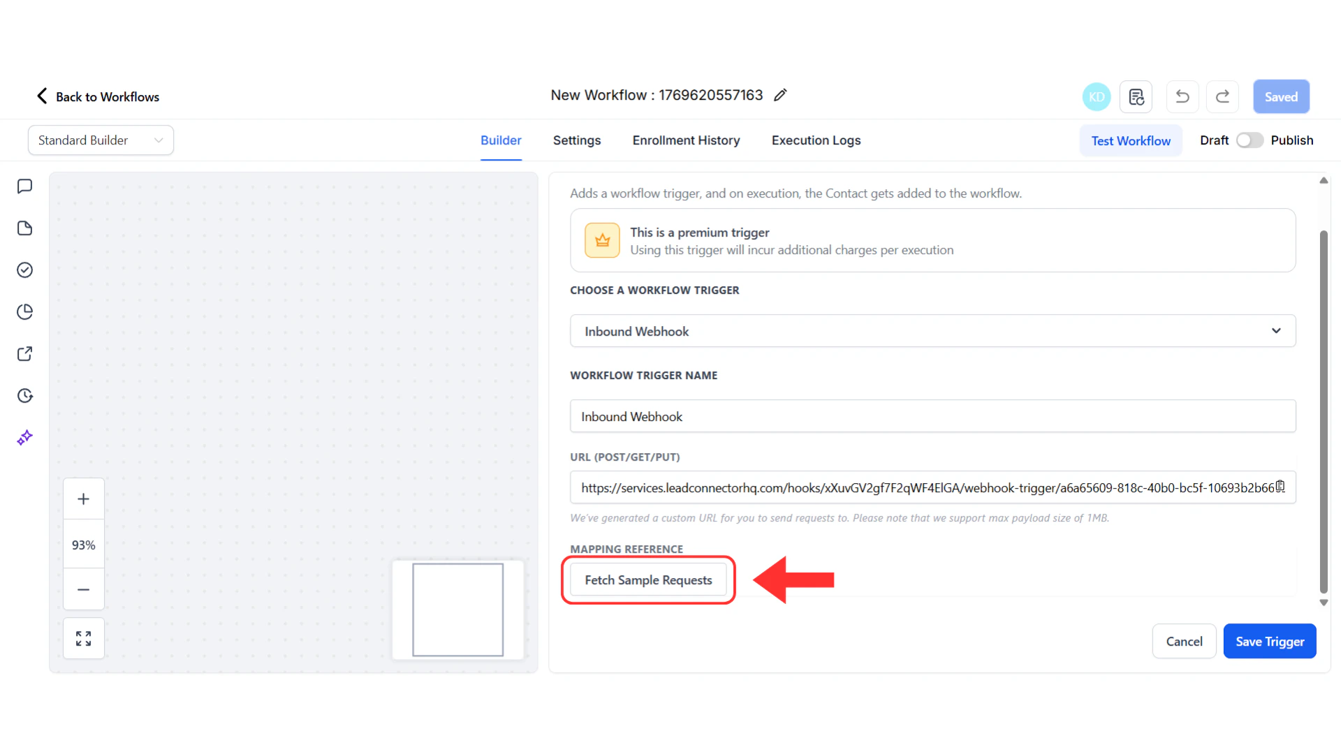 GHL webhook panel with Fetch Sample Requests button highlighted