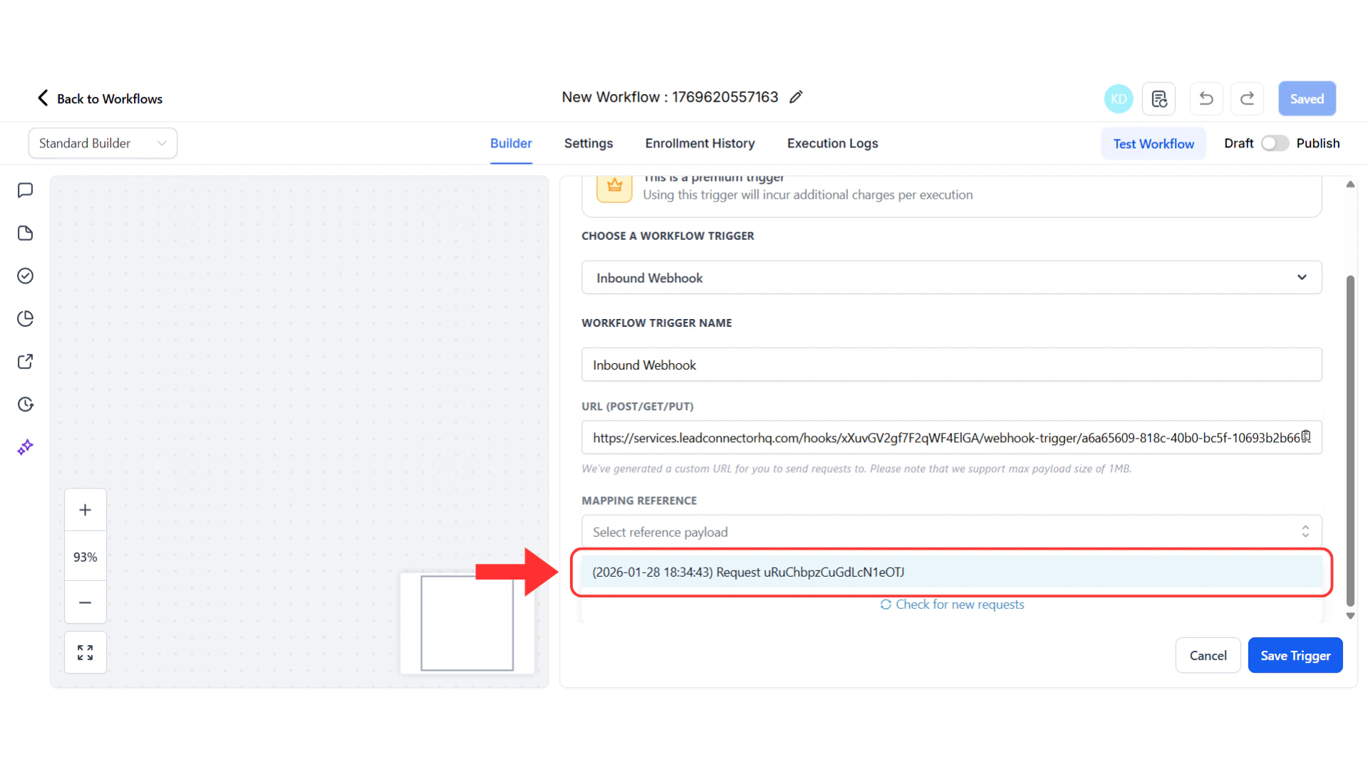Payload selection showing list of incoming payloads