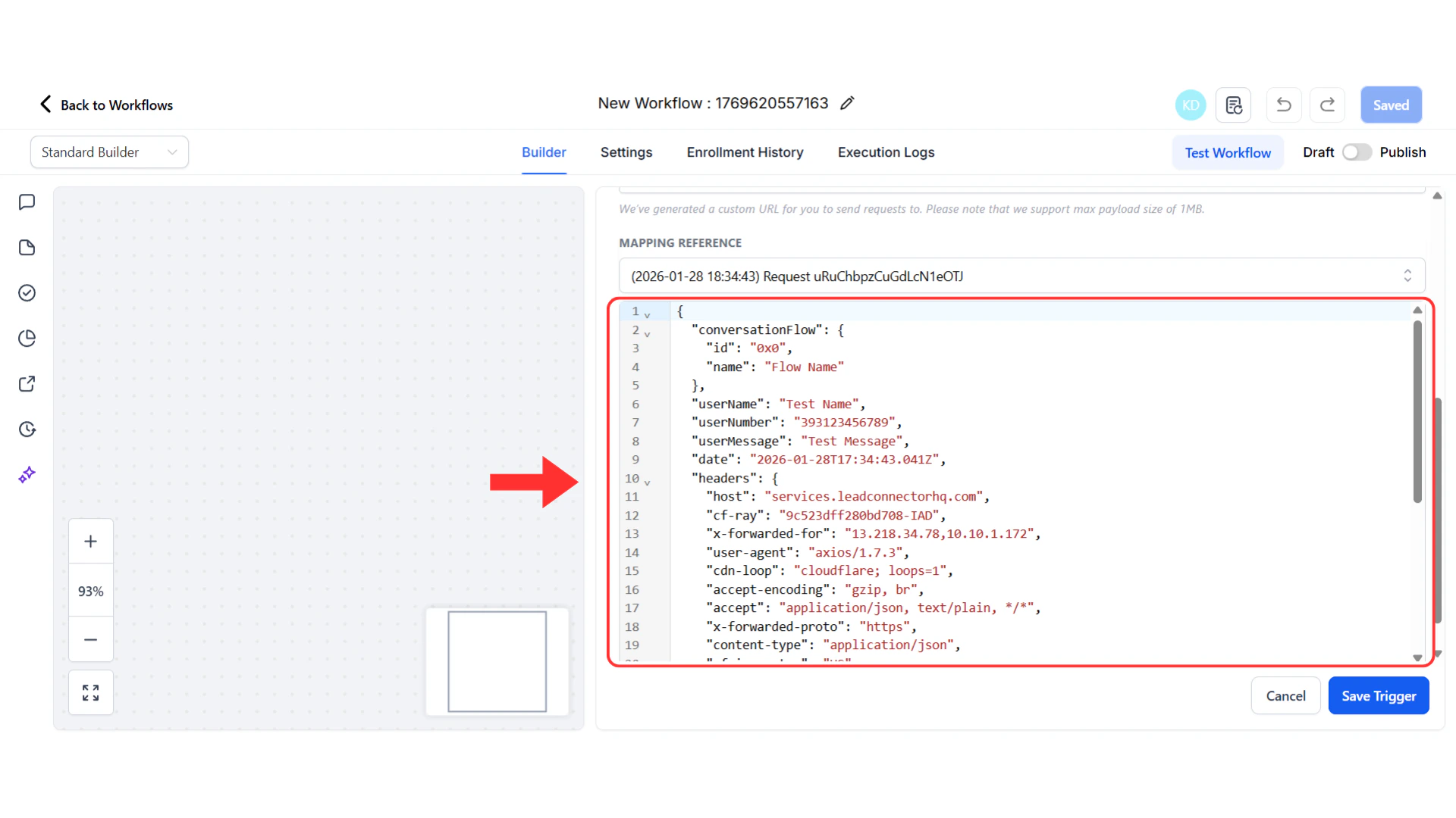 GHL webhook data view showing complete payload structure
