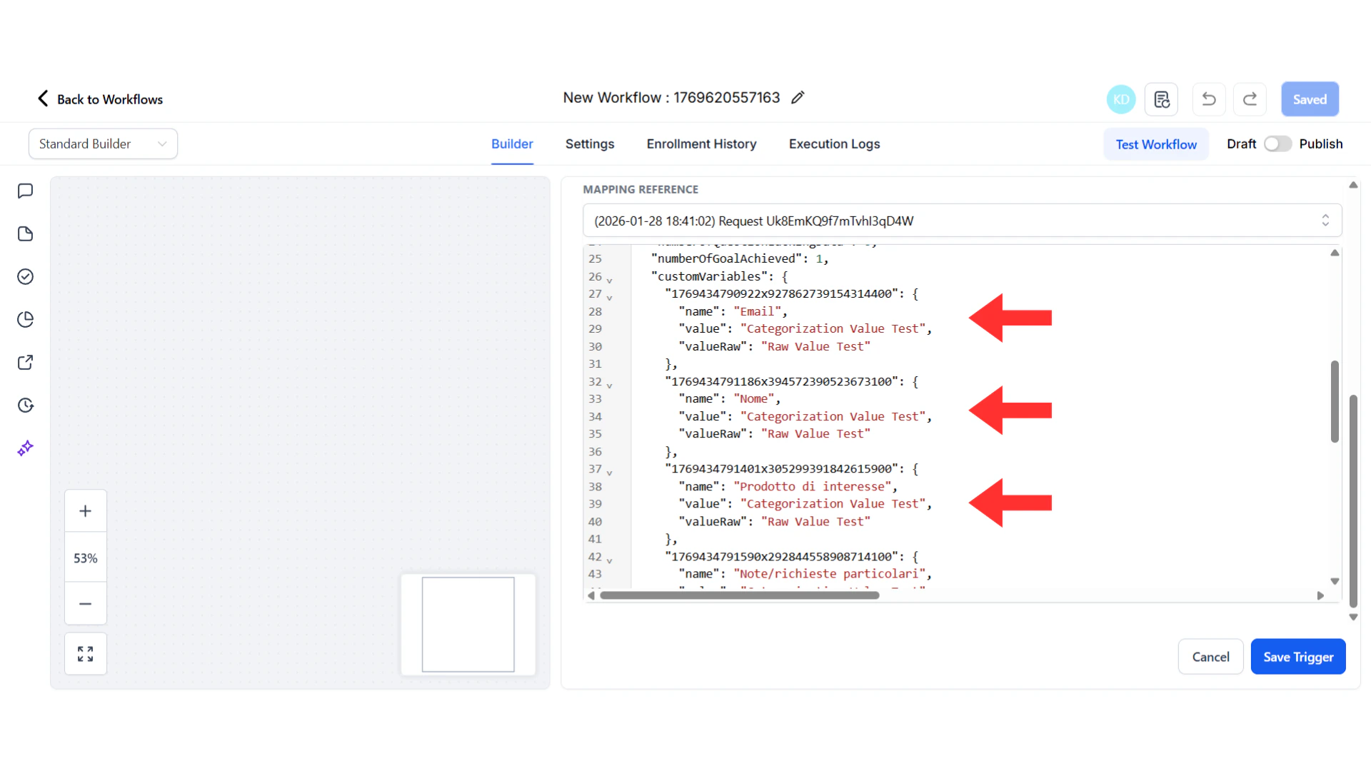 Expanded customVariables section showing example variables