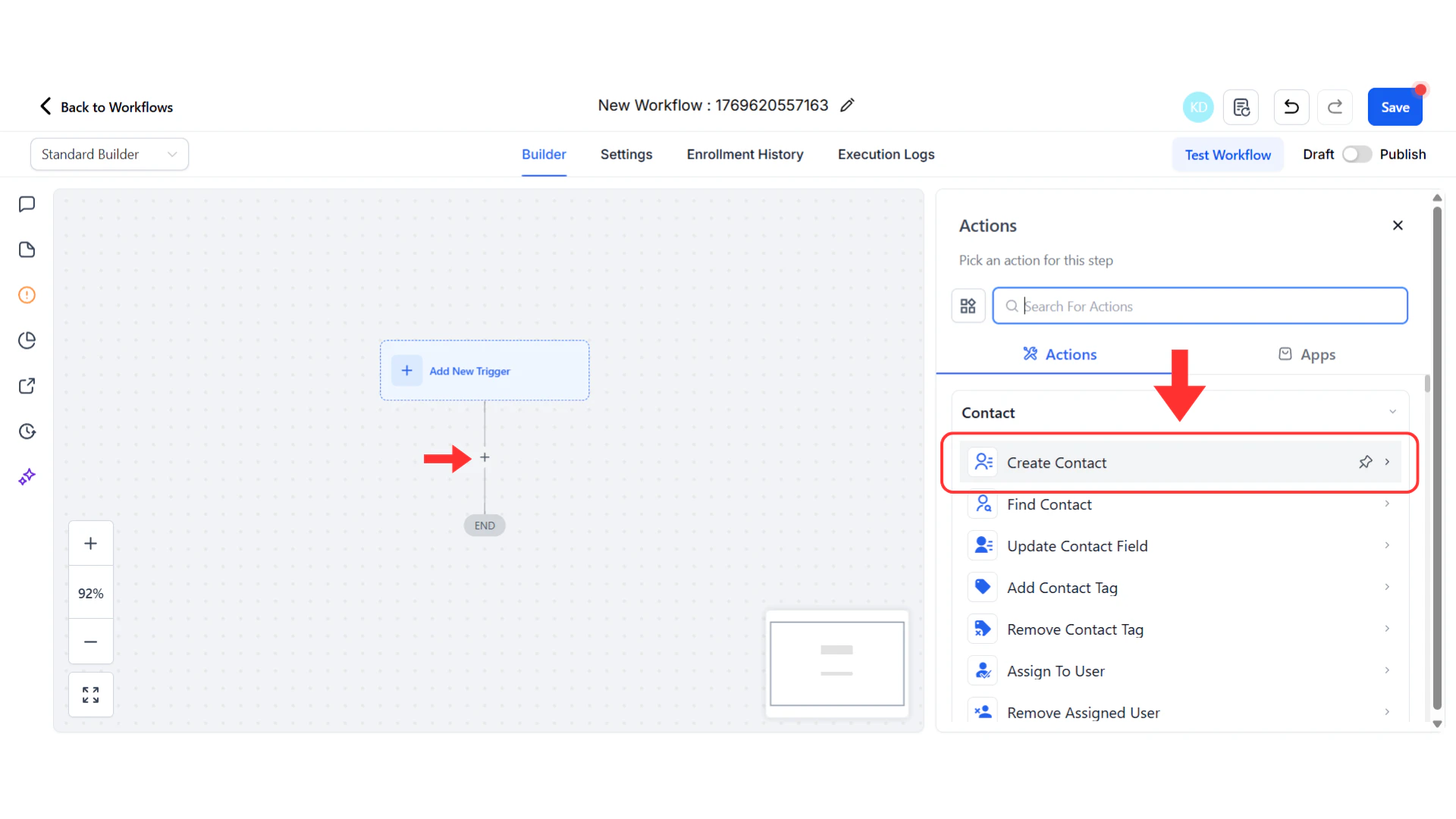 Action search showing Create Contact being selected