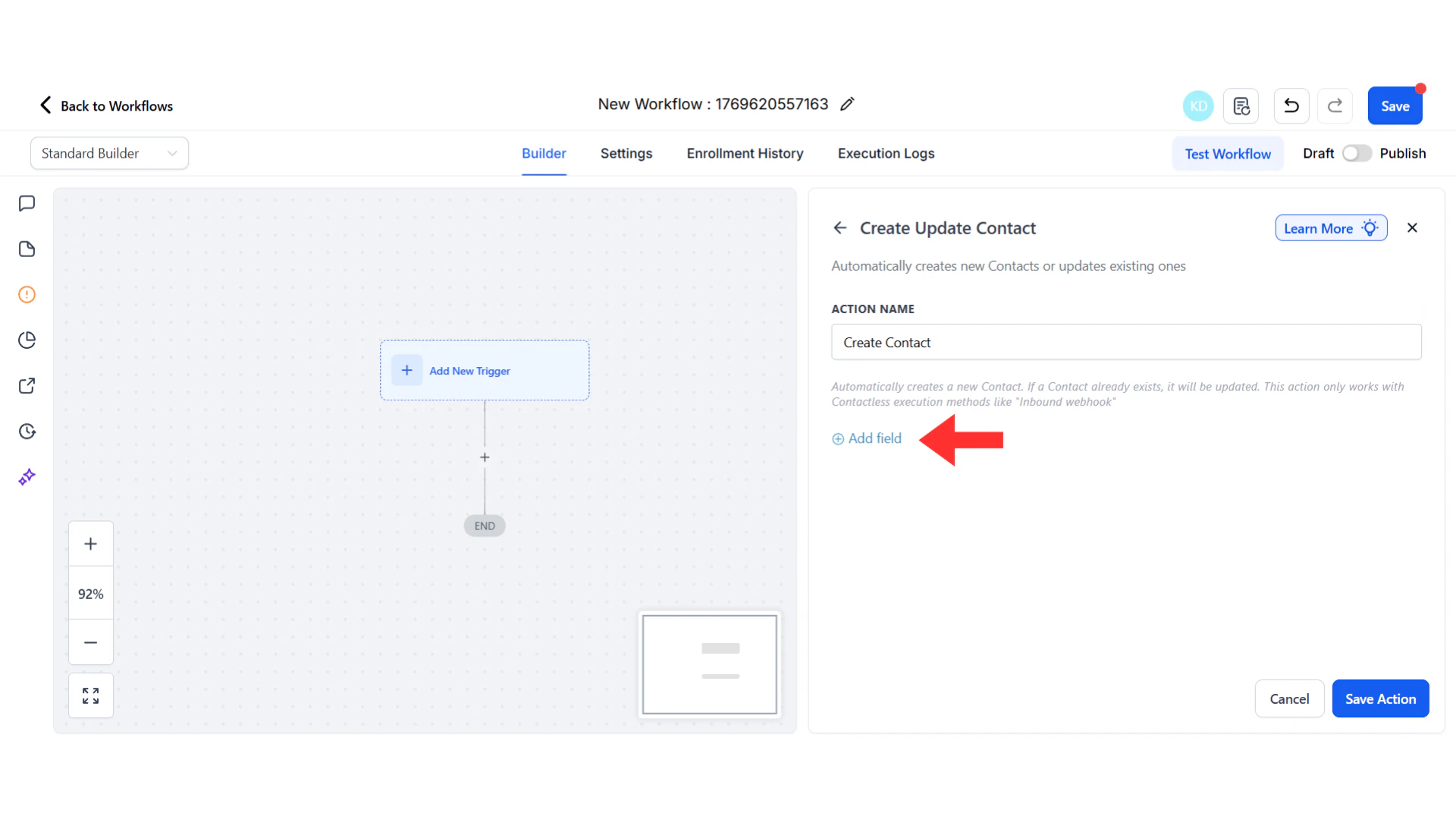 Create Contact panel showing add field icon