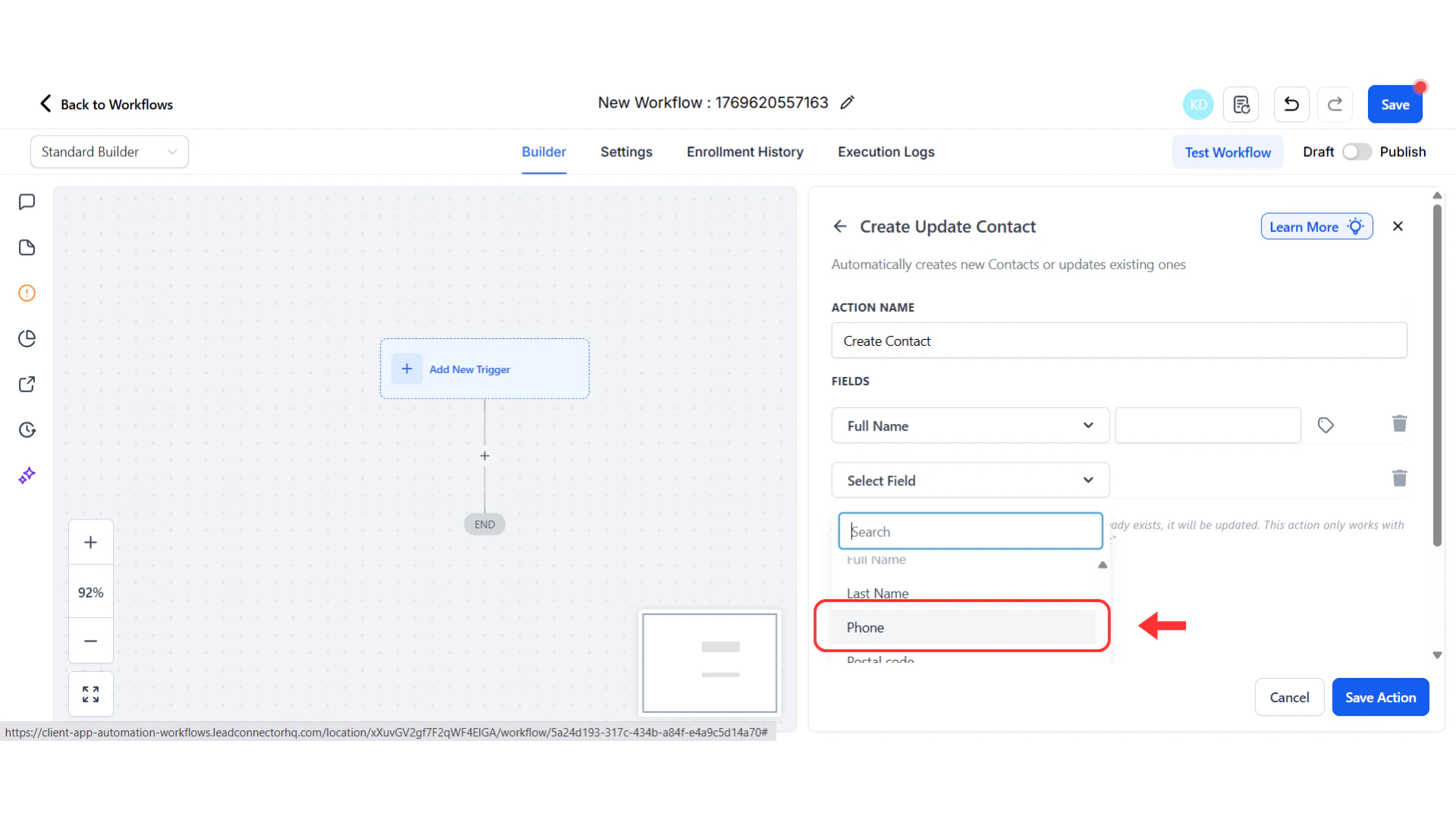 Field selection dropdown with Full Name and Phone fields