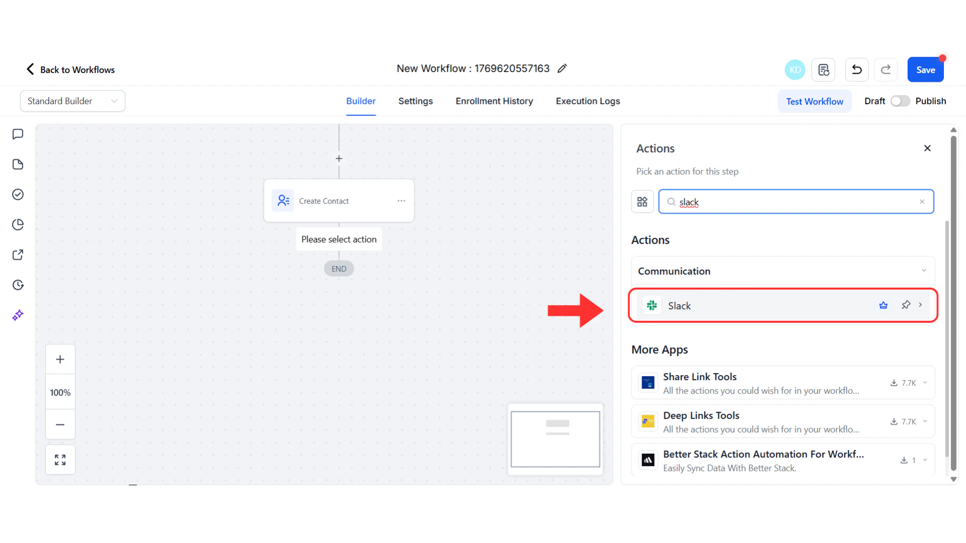 Slack action option in search results