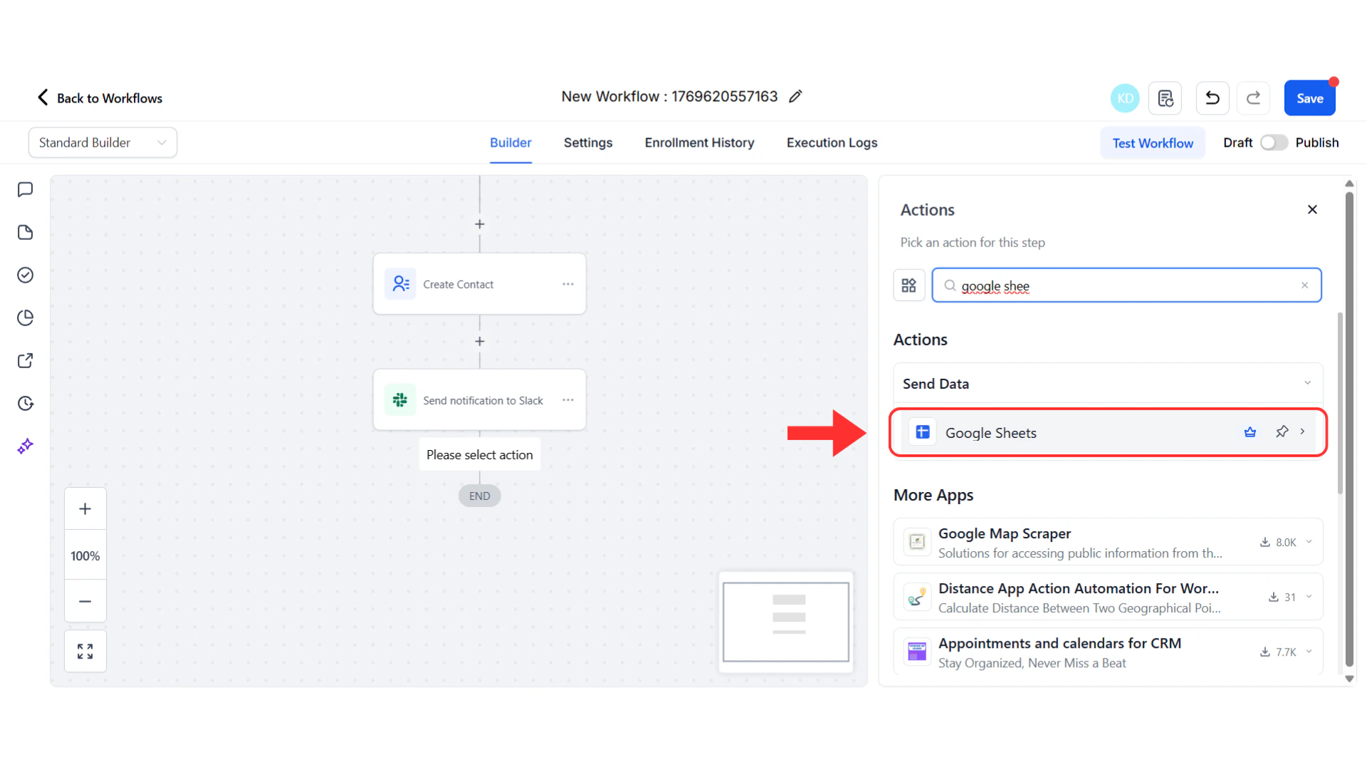 Google Sheets being selected from action list