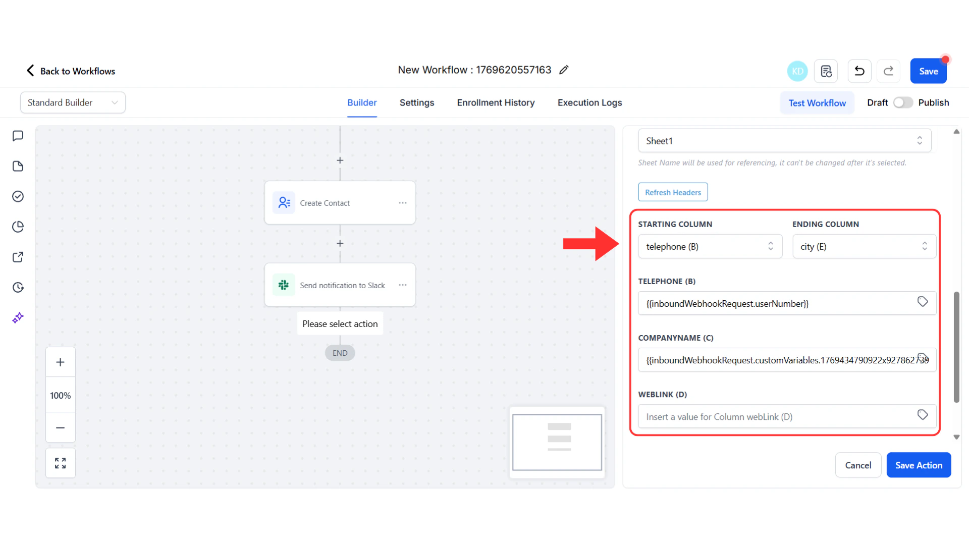Column mapping interface with webhook data fields