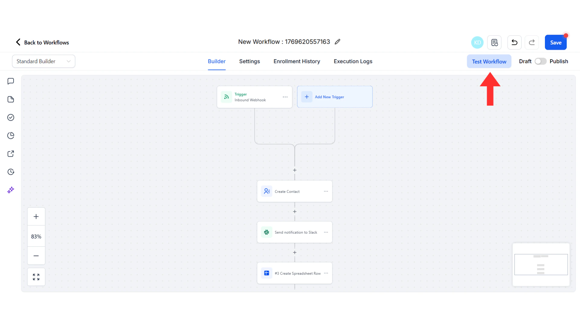 Test Workflow button in workflow builder header