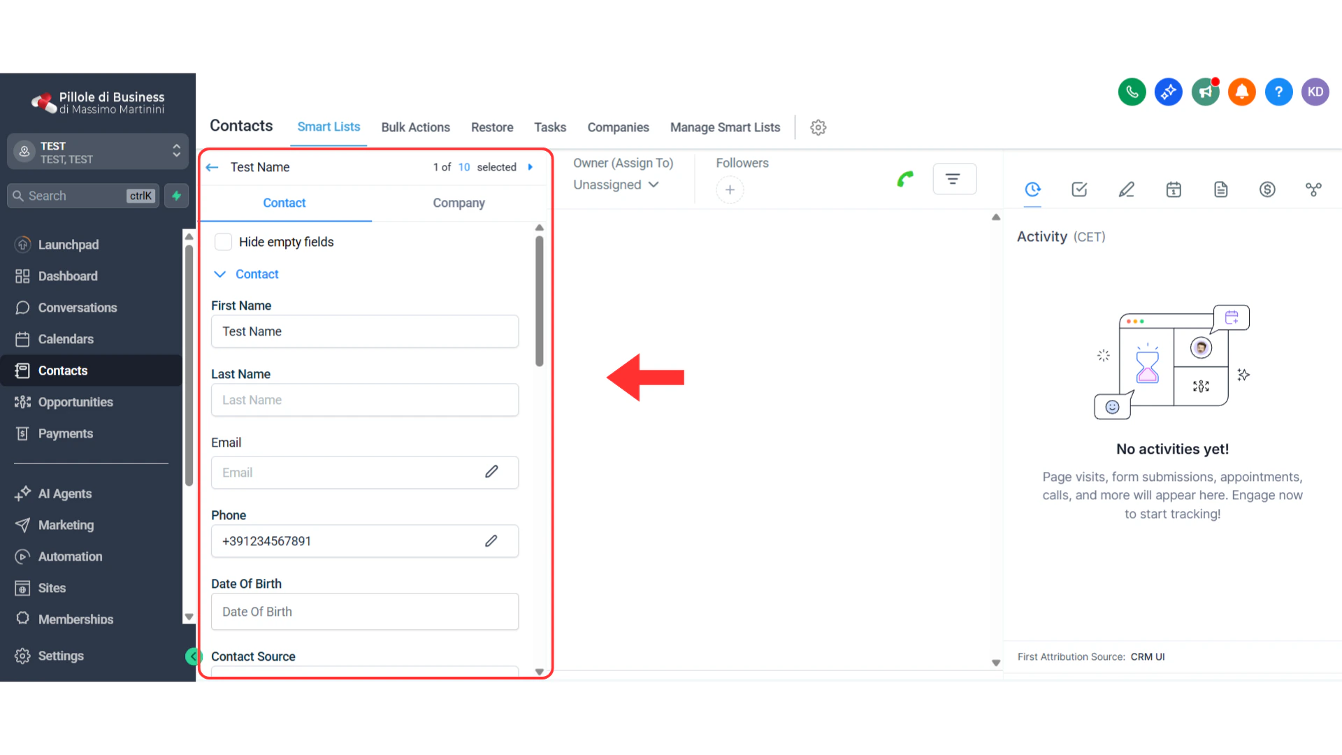 GHL Contact view with populated data