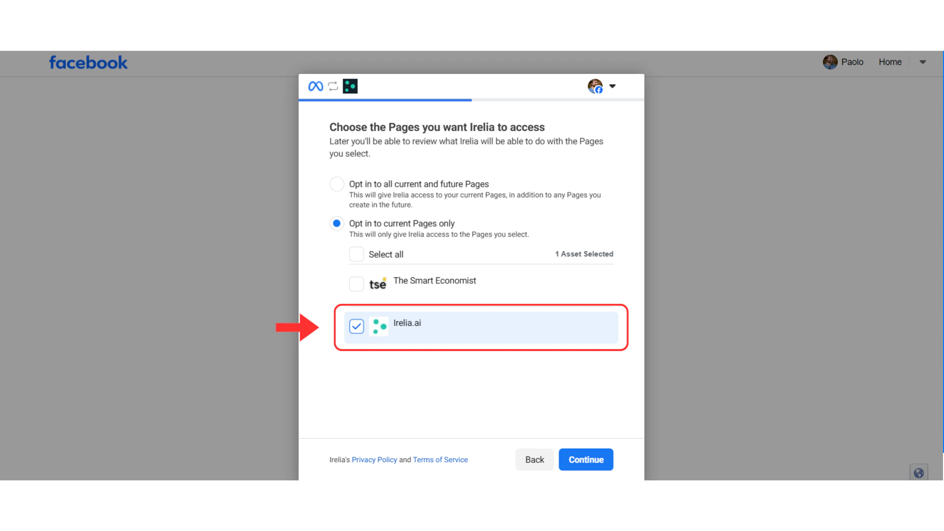 Facebook Page selection screen