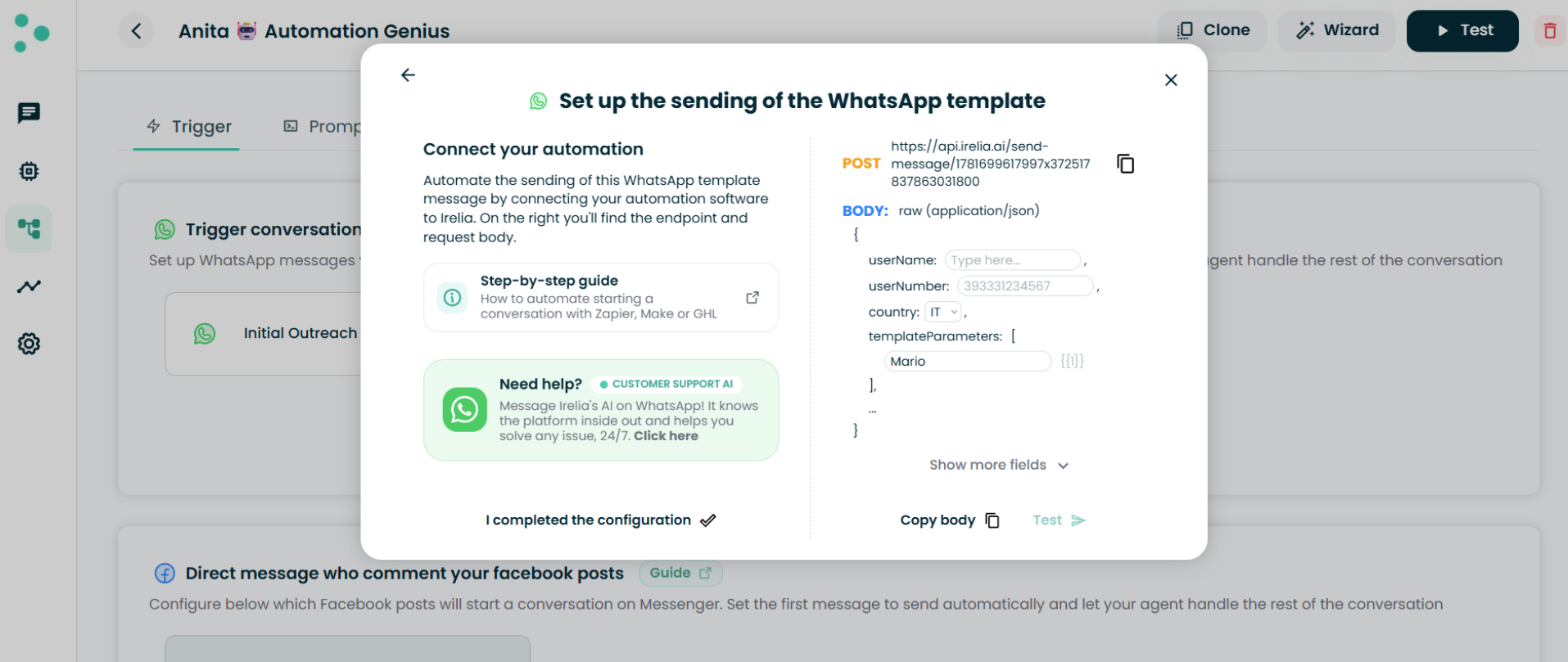 Irelia.ai WhatsApp template automation guide, Step 1 — Open Your Template and Access the API Panel. Screenshot of the API panel showing the POST URL to api.irelia.ai/send-message on the right with a copy icon, above the JSON BODY fields userName, userNumber, country, and templateParameters, plus a Show more fields link and Test button. The reader copies this unique URL here to paste into their automation platform in Step 4.
