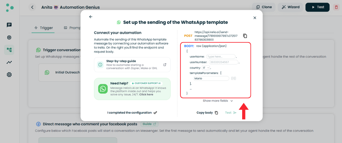 Irelia.ai WhatsApp template automation guide, Step 2 — Send a Test Message from Irelia. Screenshot of the same API panel with the BODY fields boxed in red and a red arrow pointing up to the green Test button on the bottom right, next to the Copy body option. The reader fills userName, userNumber, country, and templateParameters here, then clicks Test to confirm the WhatsApp template message is delivered before building any automation.
