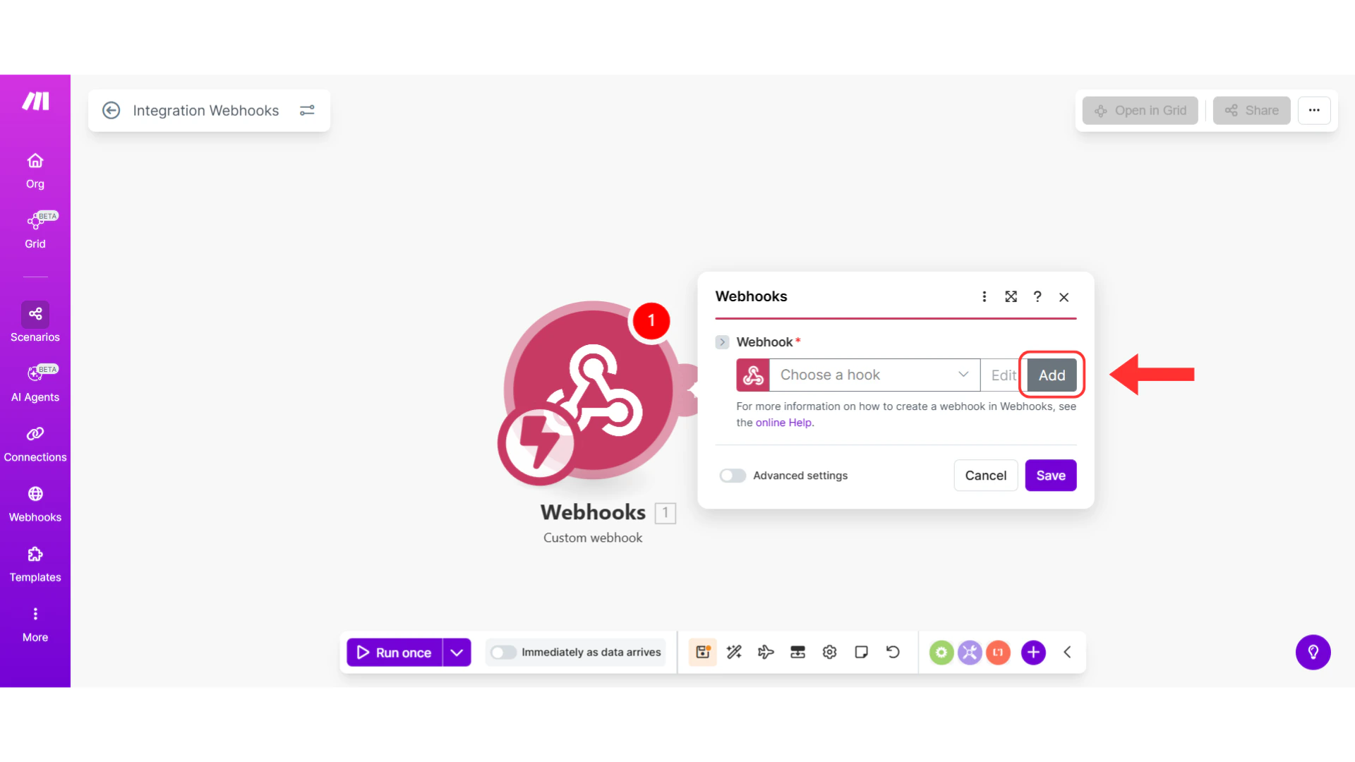 Webhook configuration panel with Add button