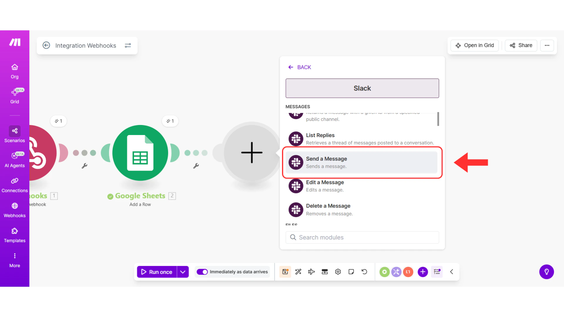 Slack actions list with Send Message highlighted