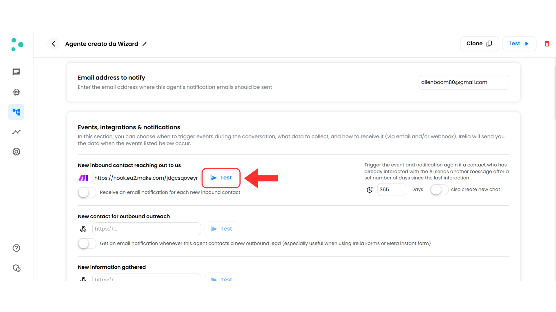 Event row with webhook URL pasted