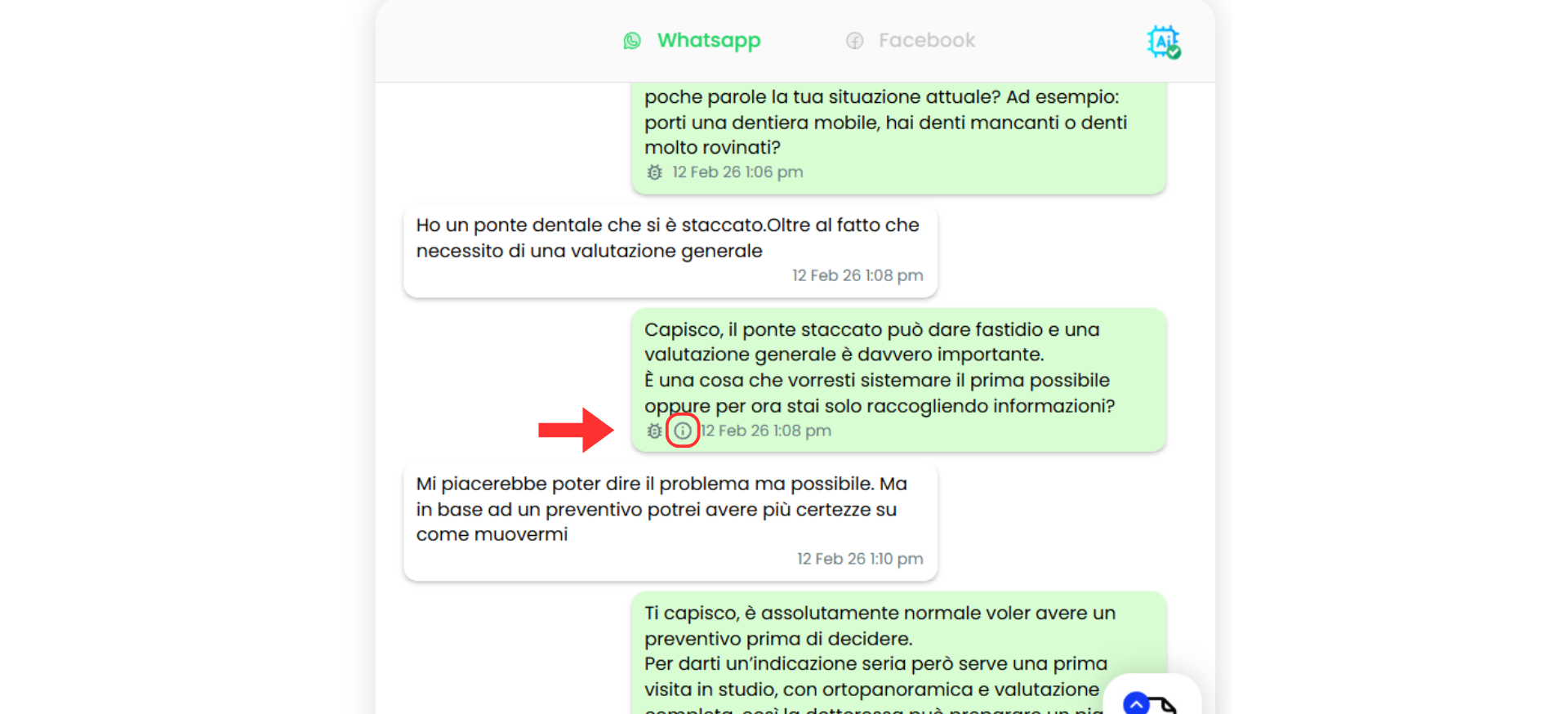 Irelia.ai Knowledge Base training guide, section Debugging — How to Access Debug Info. An Italian WhatsApp conversation about a dental bridge is shown, with a red arrow pointing to the small info icon next to an AI reply timestamped 1:08 pm. It shows exactly which icon to click on an AI message to see which Knowledge Base content produced that answer.