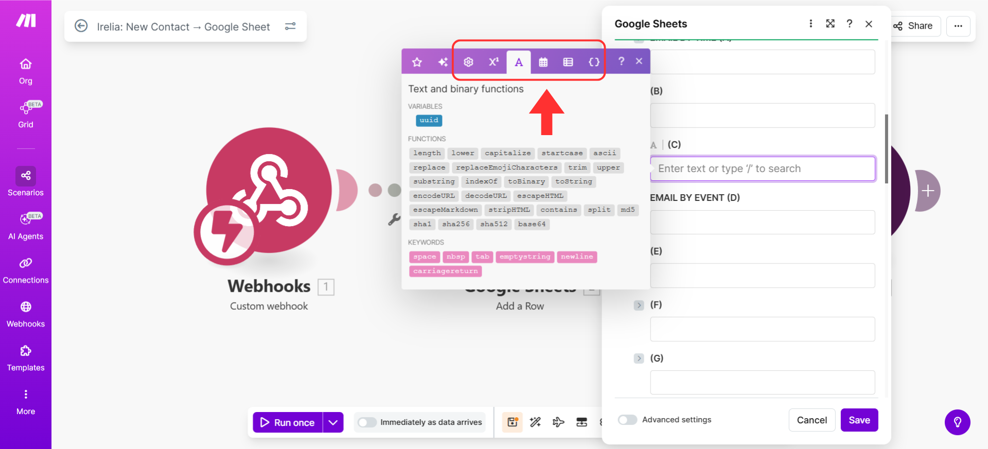 Irelia.ai Make.com integration guide, Advanced Automations, Using Built-in Tools for Data Transformation. Screenshot of the Irelia: New Contact → Google Sheet Scenario with the Google Sheets module settings open on the right and the function picker panel open next to a field, with a red box and arrow on the row of function category tabs and the Text and binary functions tab selected, listing functions such as length, lower, capitalize, replace, split and trim. The reader uses these tabs to find the text, math or date function needed to transform Irelia data before it reaches the destination.
