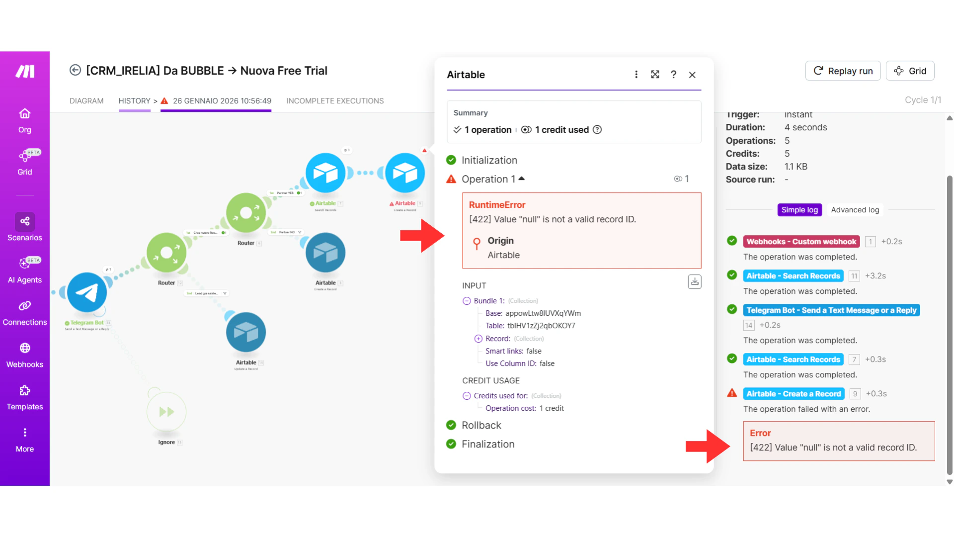 Make.com error message example