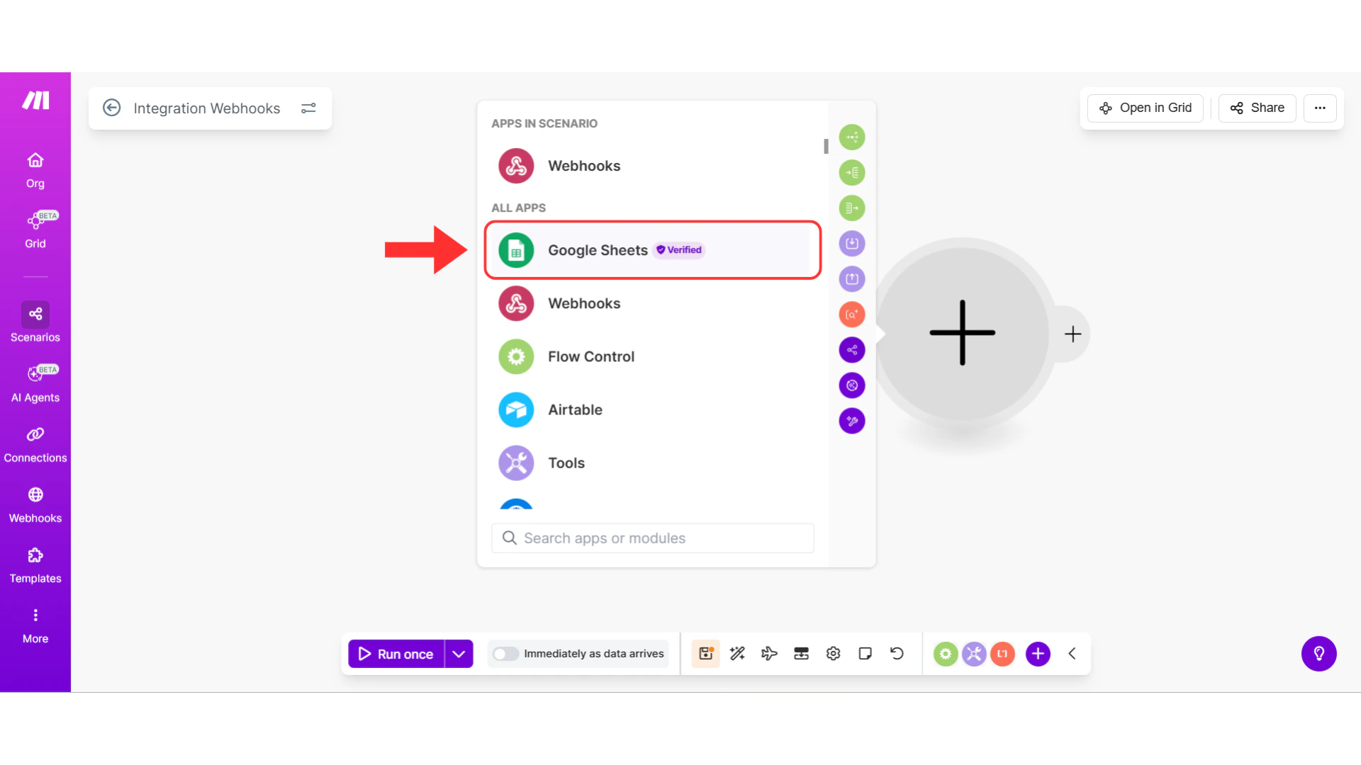 Google Sheets being selected from app list