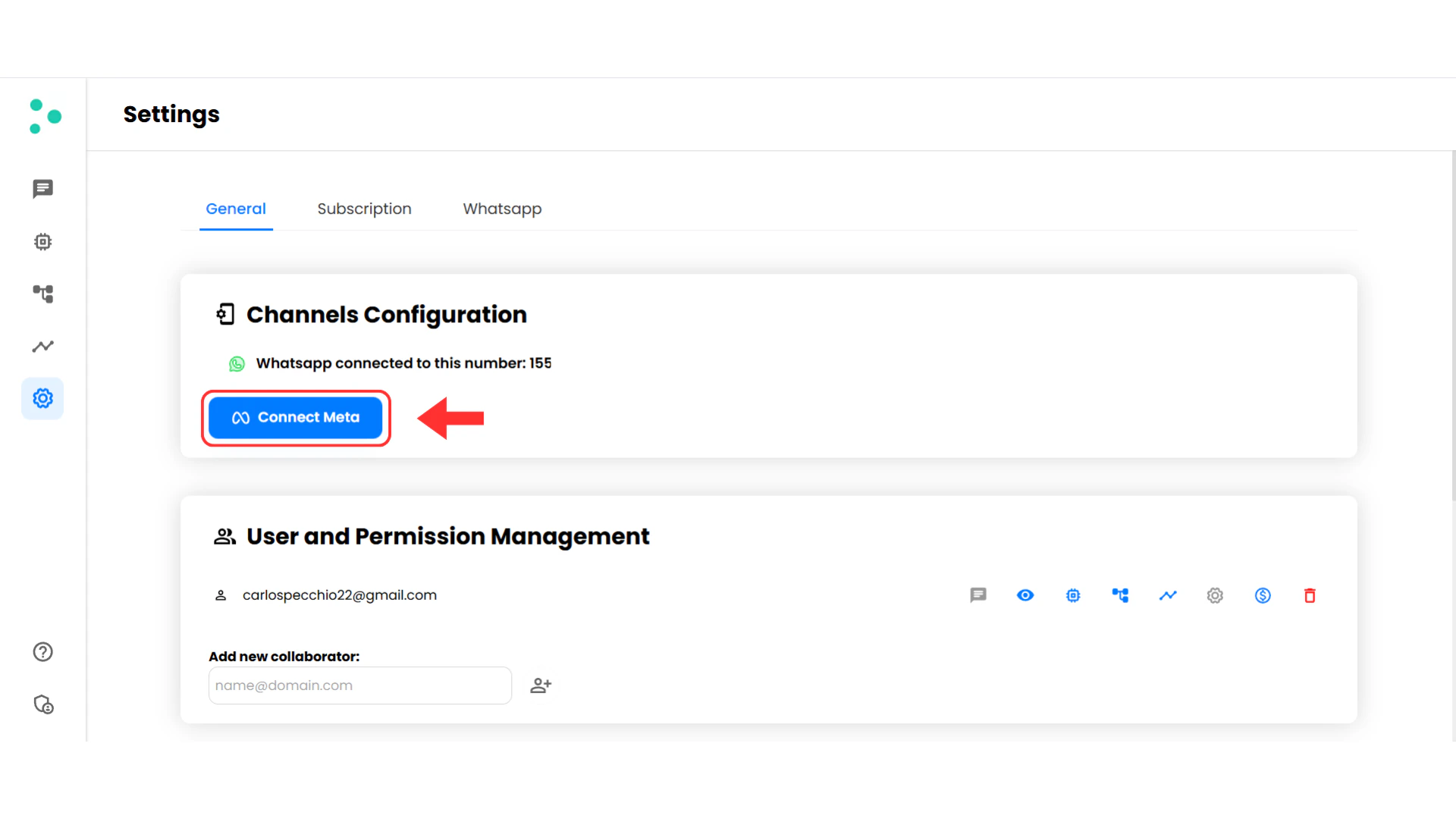 Channels Configuration screen with Connect Meta button