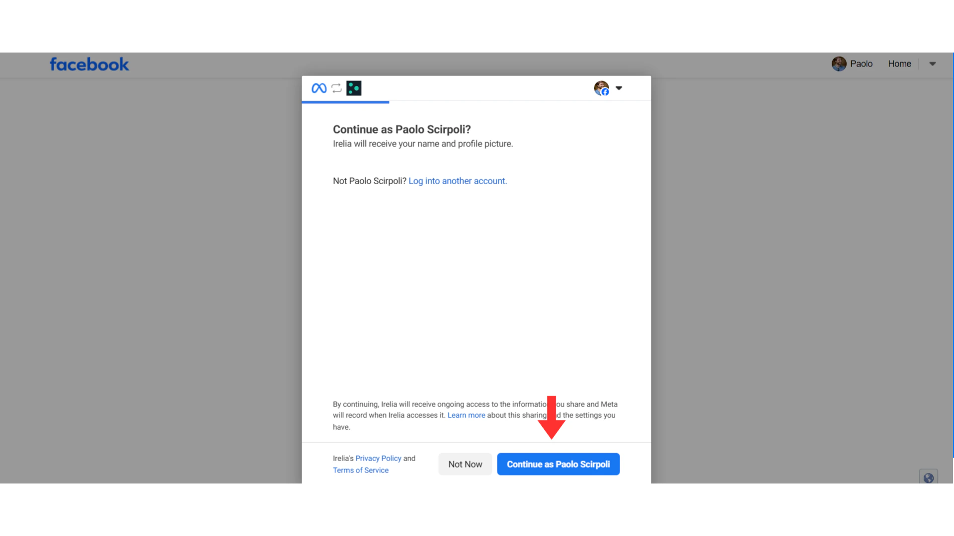 Facebook login screen