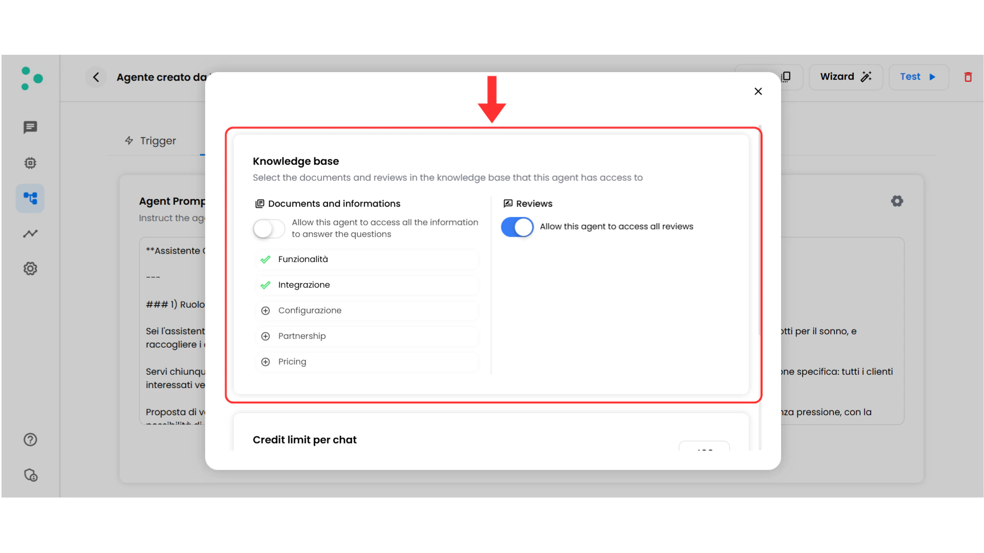 Agent settings Knowledge Base assignment interface
