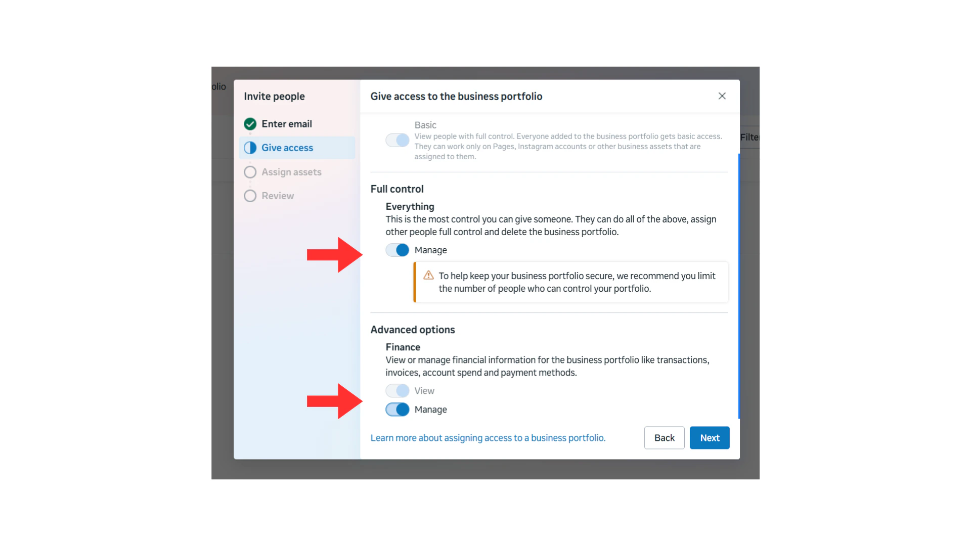 Invite People dialog with full control selected