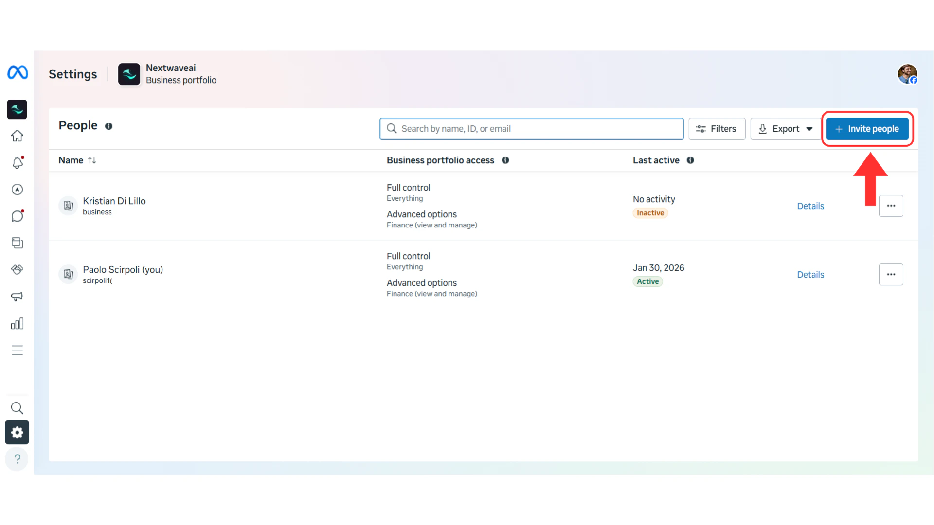 Business Settings People page with Invite People button