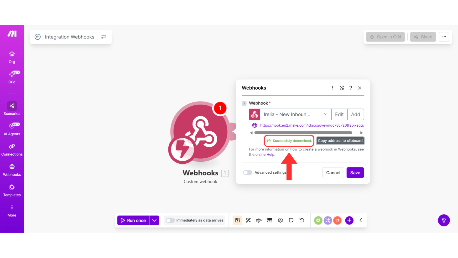 Make.com showing Successfully determined message