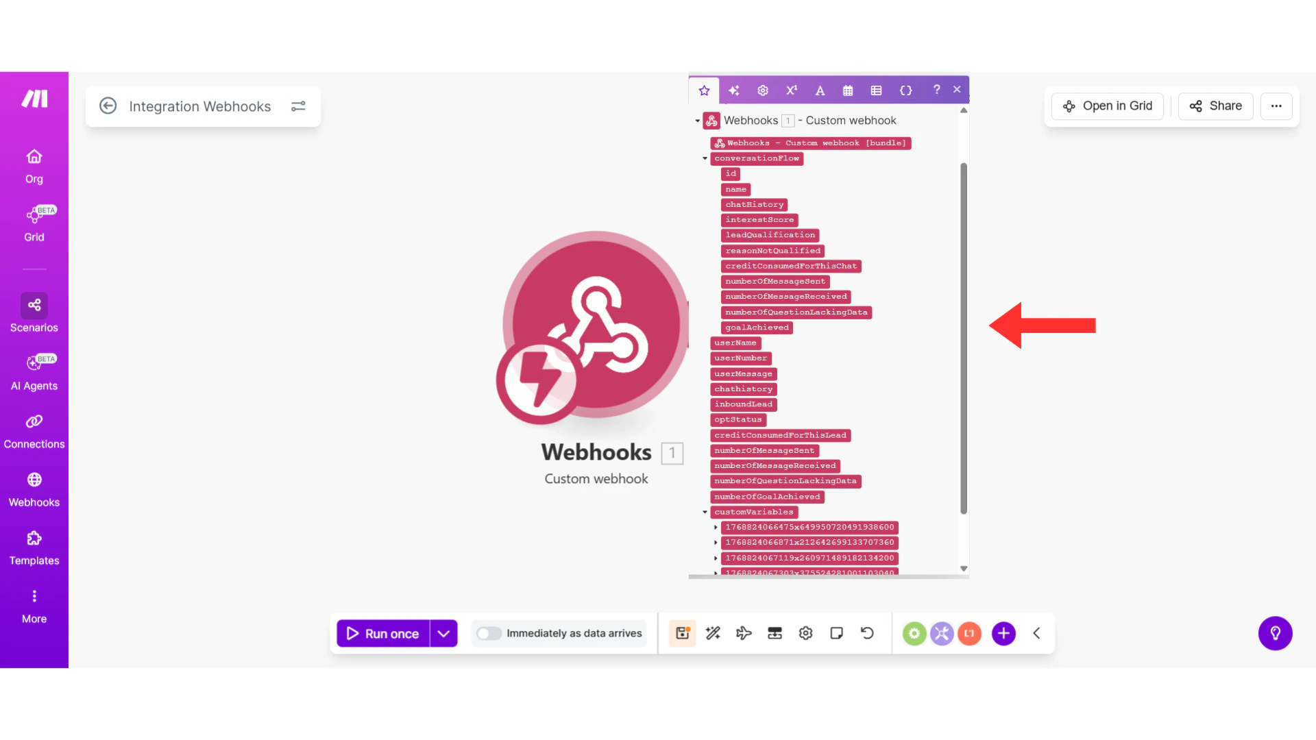 Make.com webhook data view