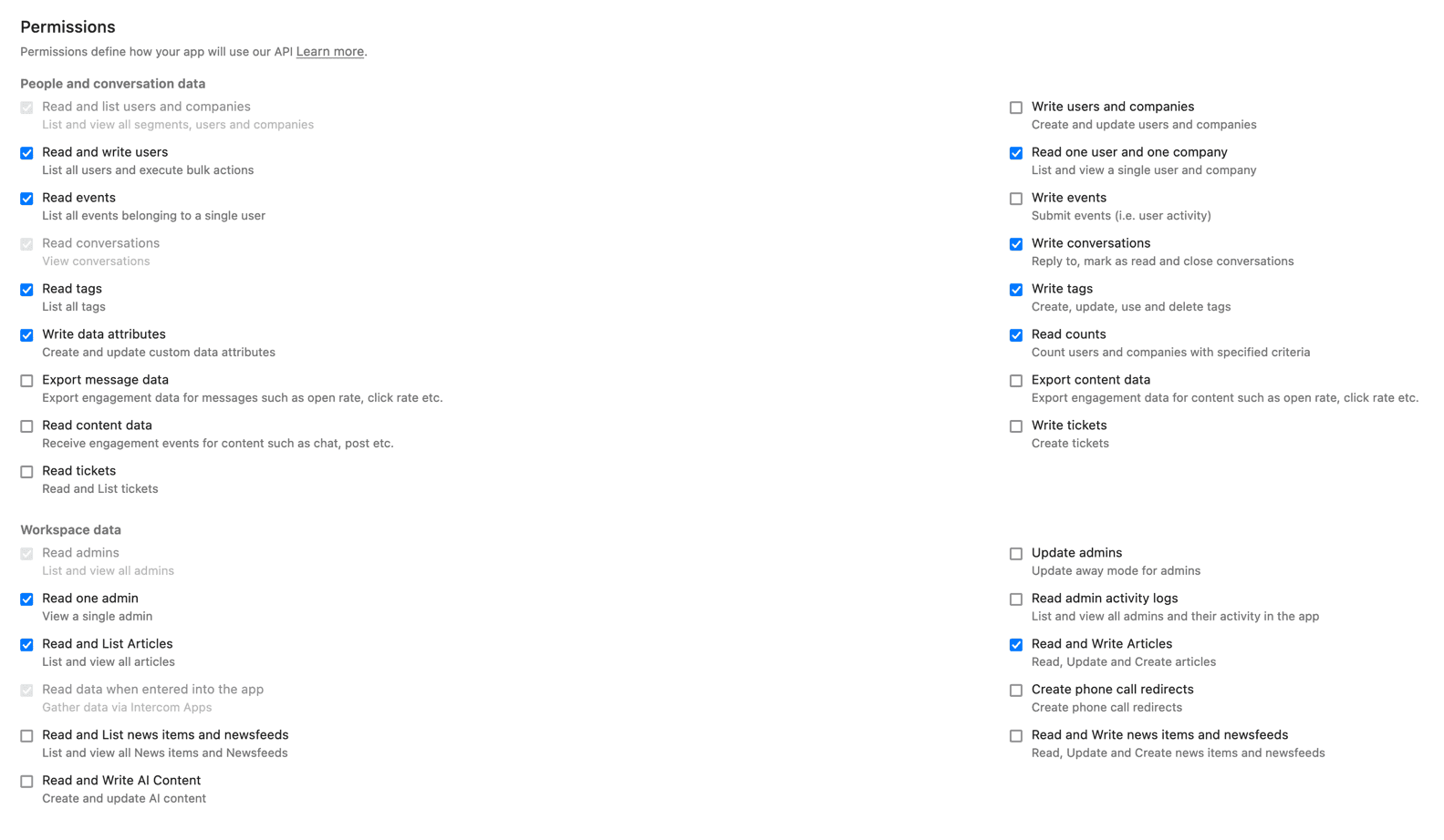 IrisAgent app permissions for Intercom