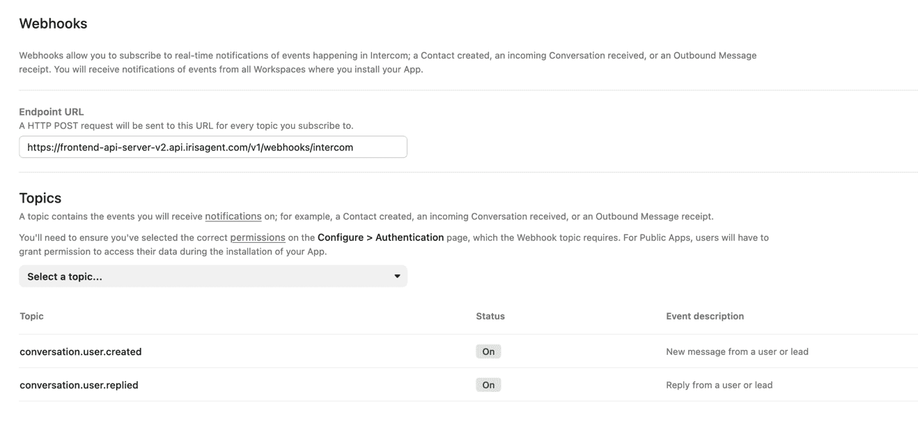 IrisAgent webhooks for Intercom