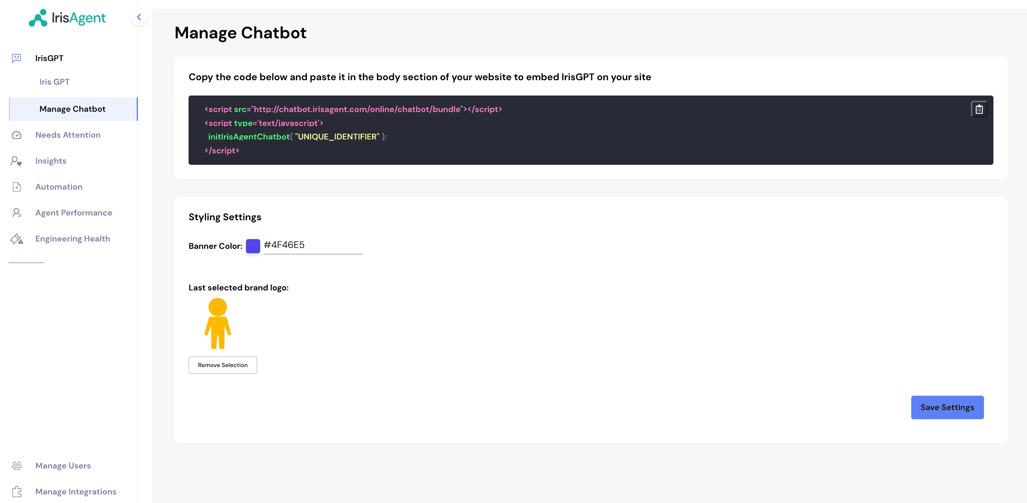 IrisAgent chatbot configure page
