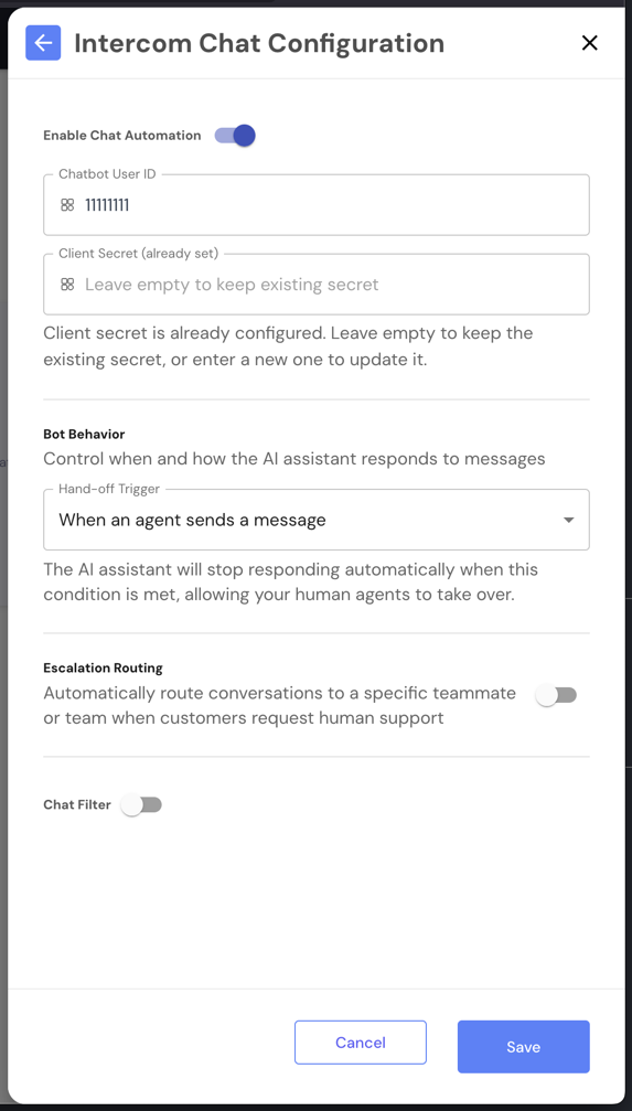 Intercom Chat Configuration dialog
